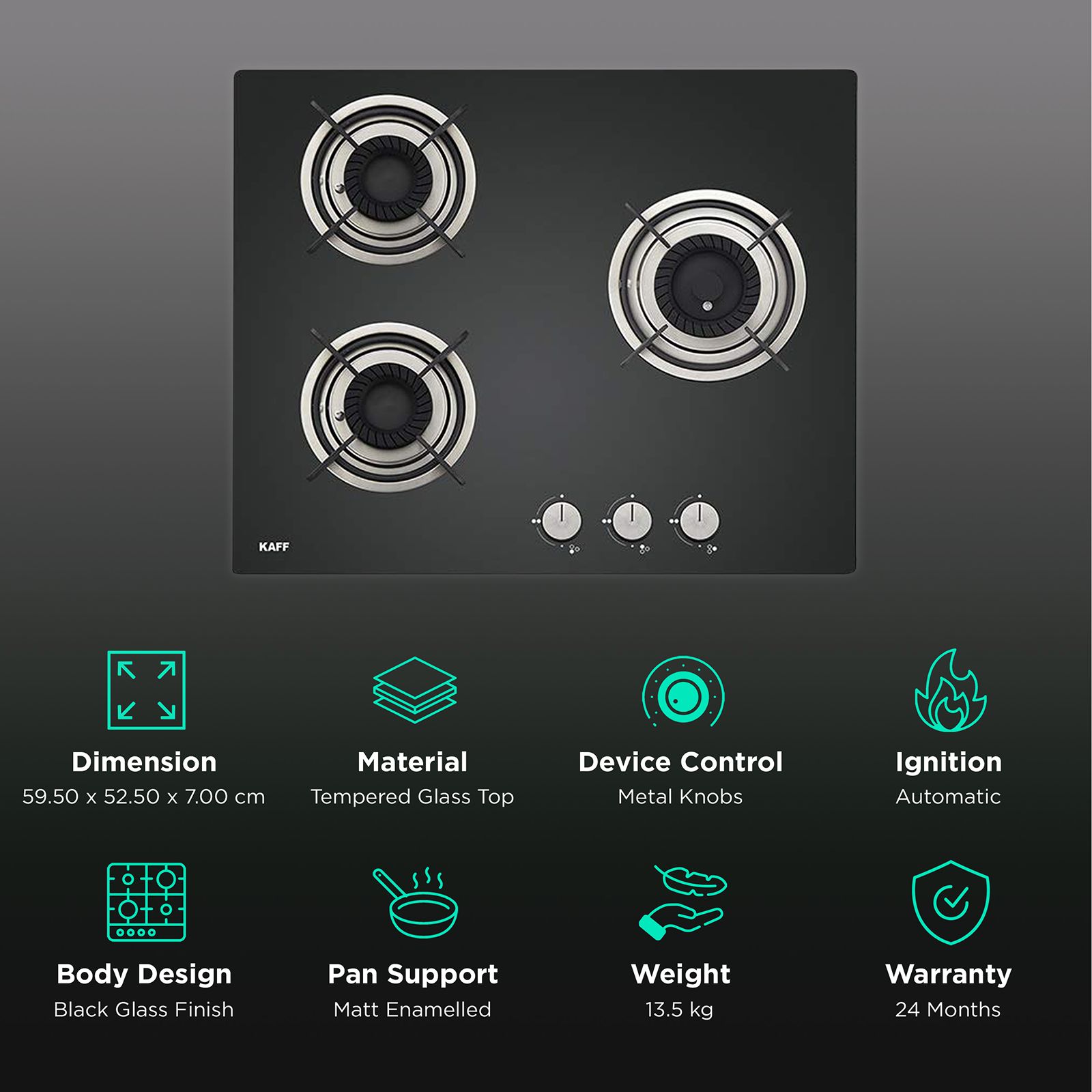KAFF Crista Tempered Glass Top 3 Burner Automatic Hob (Matte Enamelled Pan Support, Black)_3