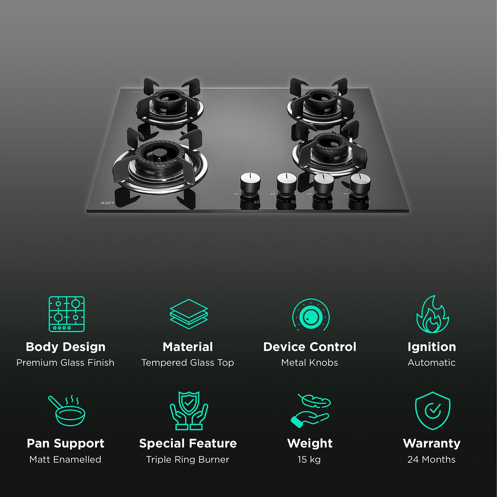 KAFF Crista Tempered Glass Top 4 Burner Automatic Hob (Matte Enamelled Pan Support, Black)_3