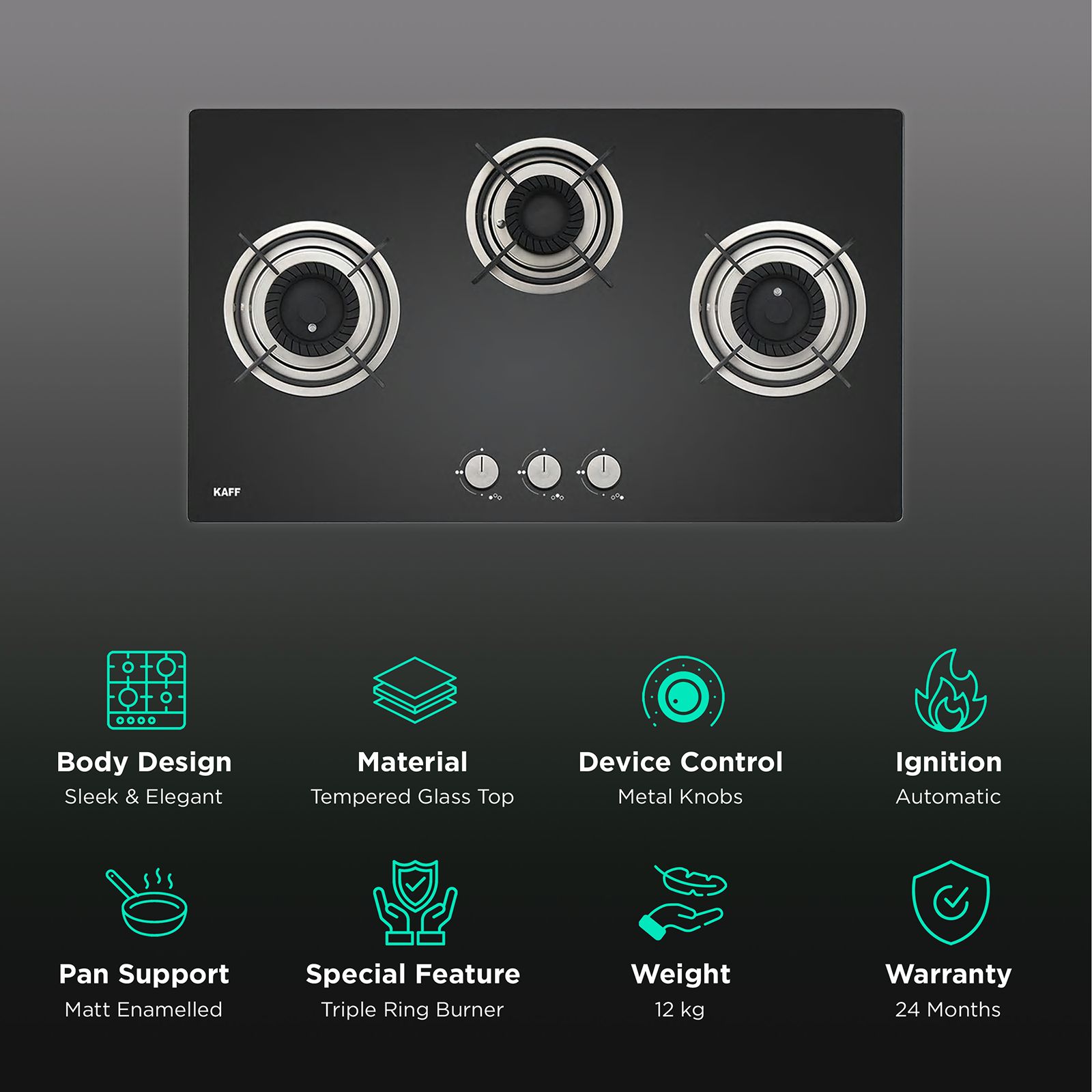 KAFF Crista Tempered Glass Top 3 Burner Automatic Hob (Matte Enamelled Pan Support, Black)_3