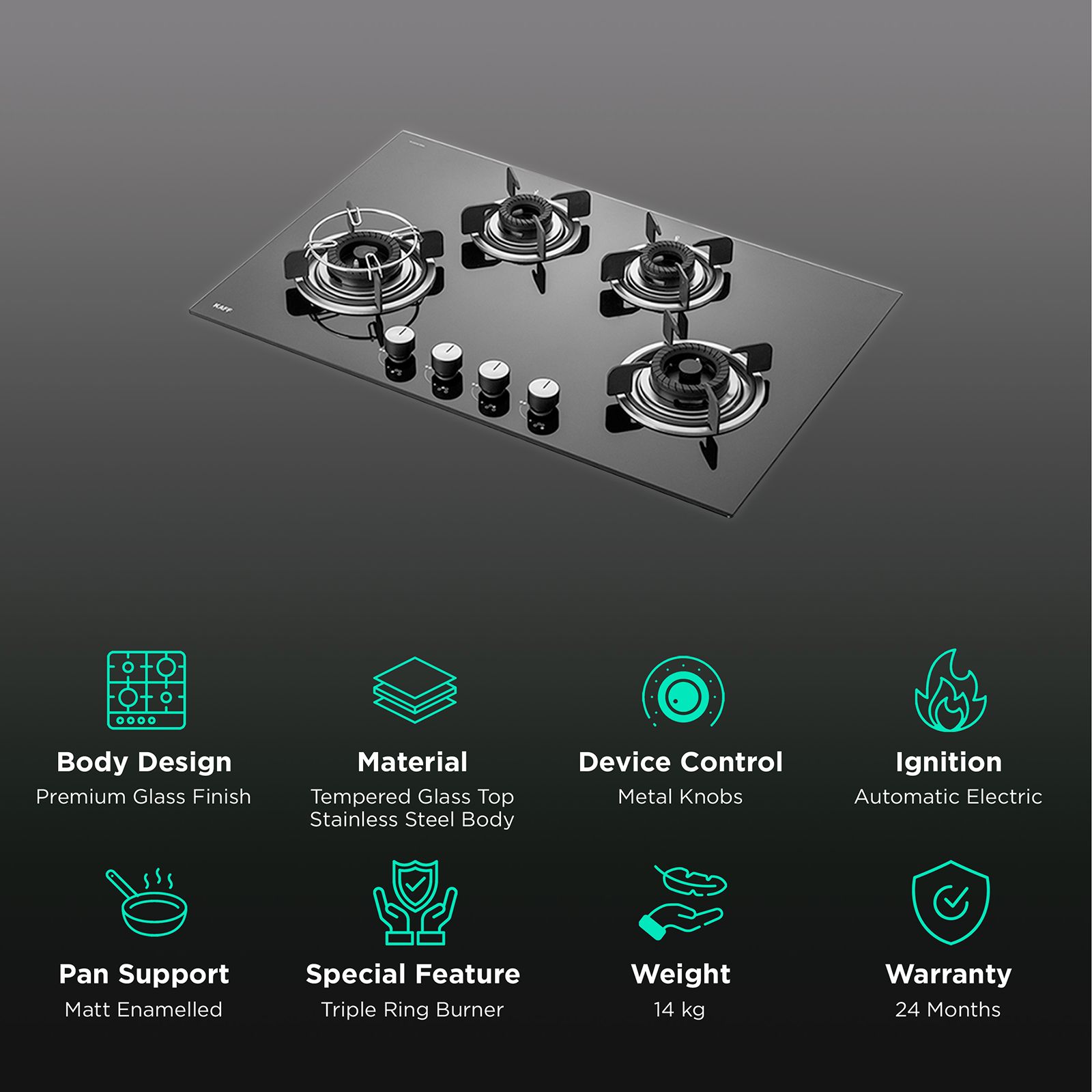 KAFF Crista Tempered Glass Top 4 Burner Automatic Electric Hob (Matte Enamelled Pan Support, Black) KAFF Crista Tempered Glass Top 4 Burner Automatic Electric Hob (Matte Enamelled Pan Support, Black)_3