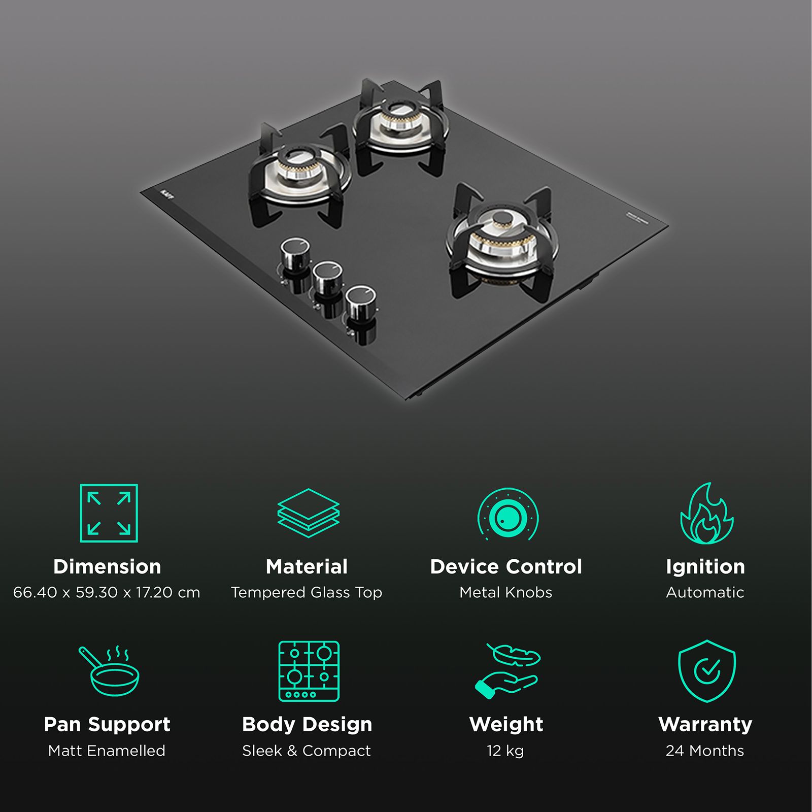 KAFF VRH 603 Tempered Glass Top 3 Burner Automatic Hob (Matte Enamelled Pan Support, Black) KAFF VRH 603 Tempered Glass Top 3 Burner Automatic Hob (Matte Enamelled Pan Support, Black)_3