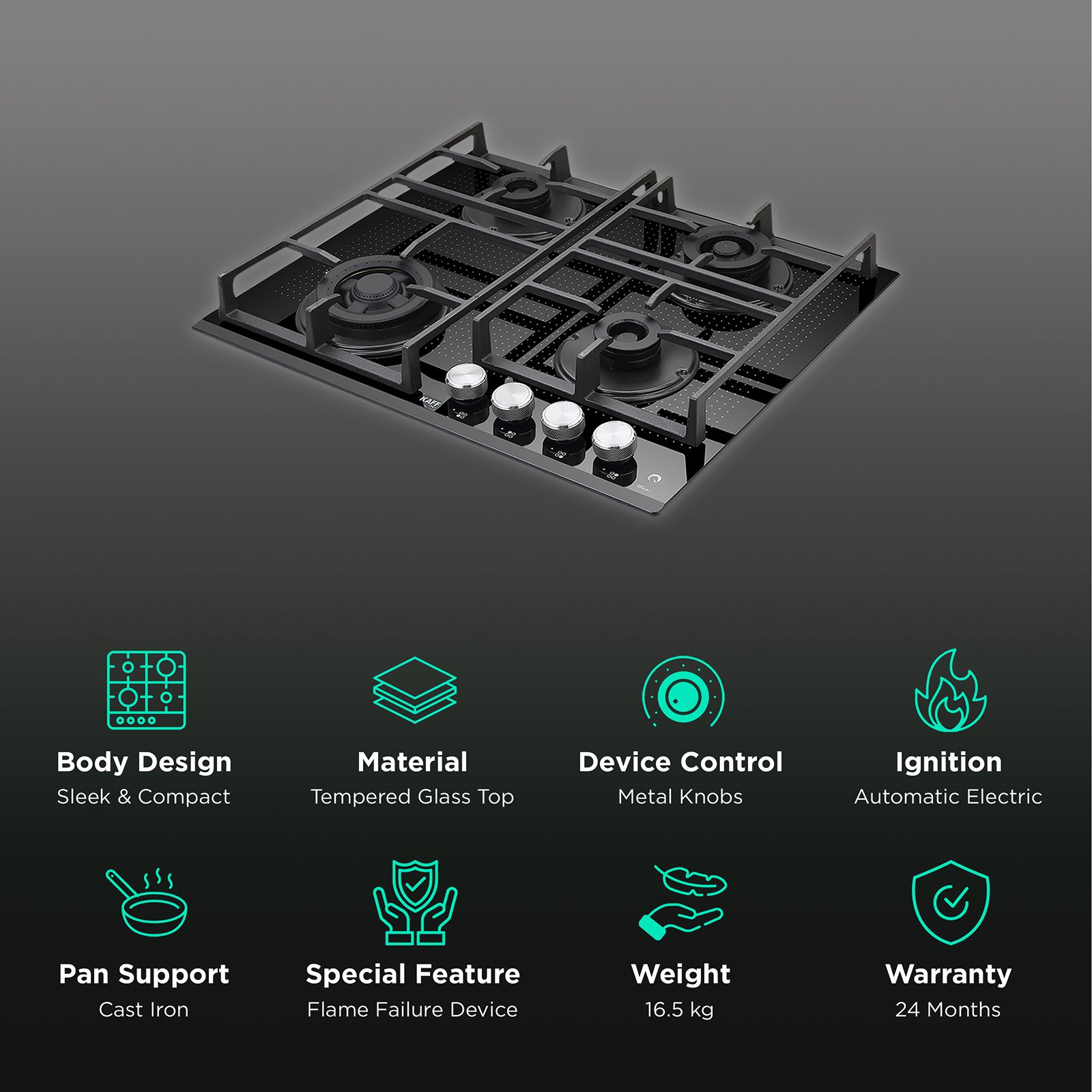 KAFF Novara Tempered Glass Top 4 Burner Automatic Electric Hob (Heavy Duty Cast Iron Pan Support, Black)_3