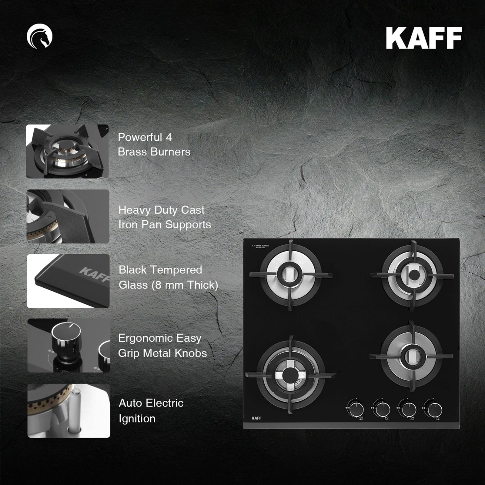 KAFF KH60 BR4 Tempered Glass Top 4 Burner Automatic Electric Hob (Heavy Duty Cast Iron Pan Support, Black)_6