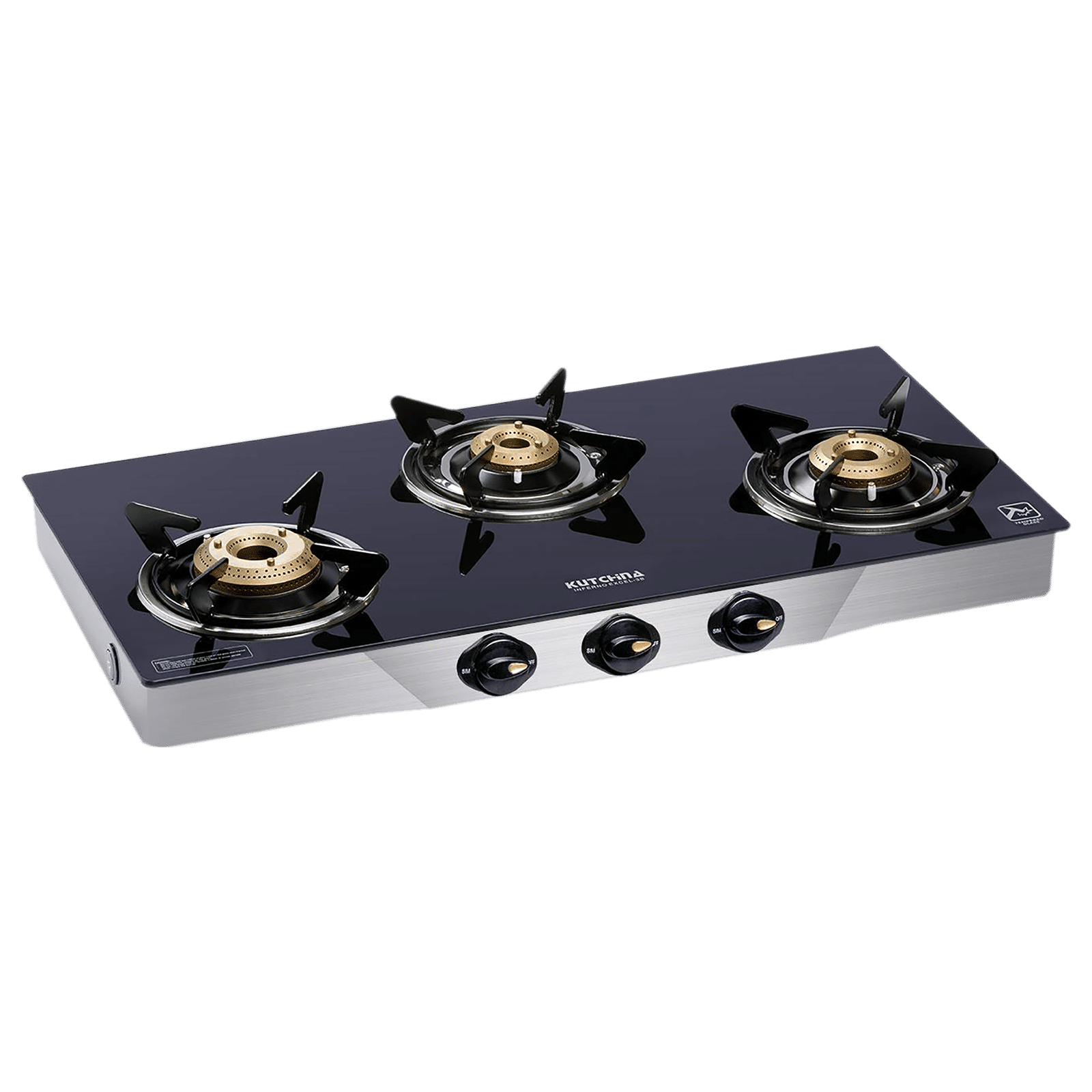 Kutchina Inferno Excel 3B Tempered Glass Top 3 Burner Automatic Gas Stove (Euro Coated Thick Pan Support, Black) Kutchina Inferno Excel 3B Tempered Glass Top 3 Burner Automatic Gas Stove (Euro Coated Thick Pan Support, Black)_1