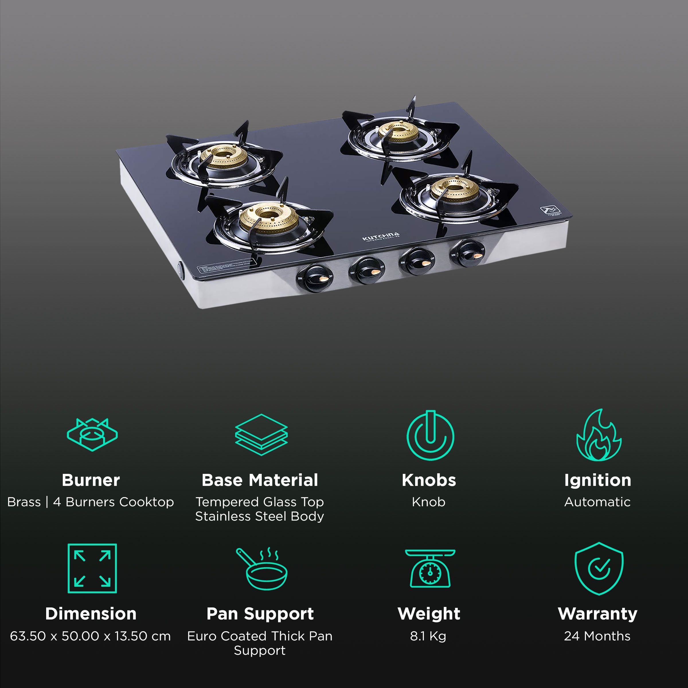 Kutchina Inferno Excel 4B Tempered Glass Top 4 Burner Automatic Gas Stove (Euro Coated Thick Pan Support, Black)_3