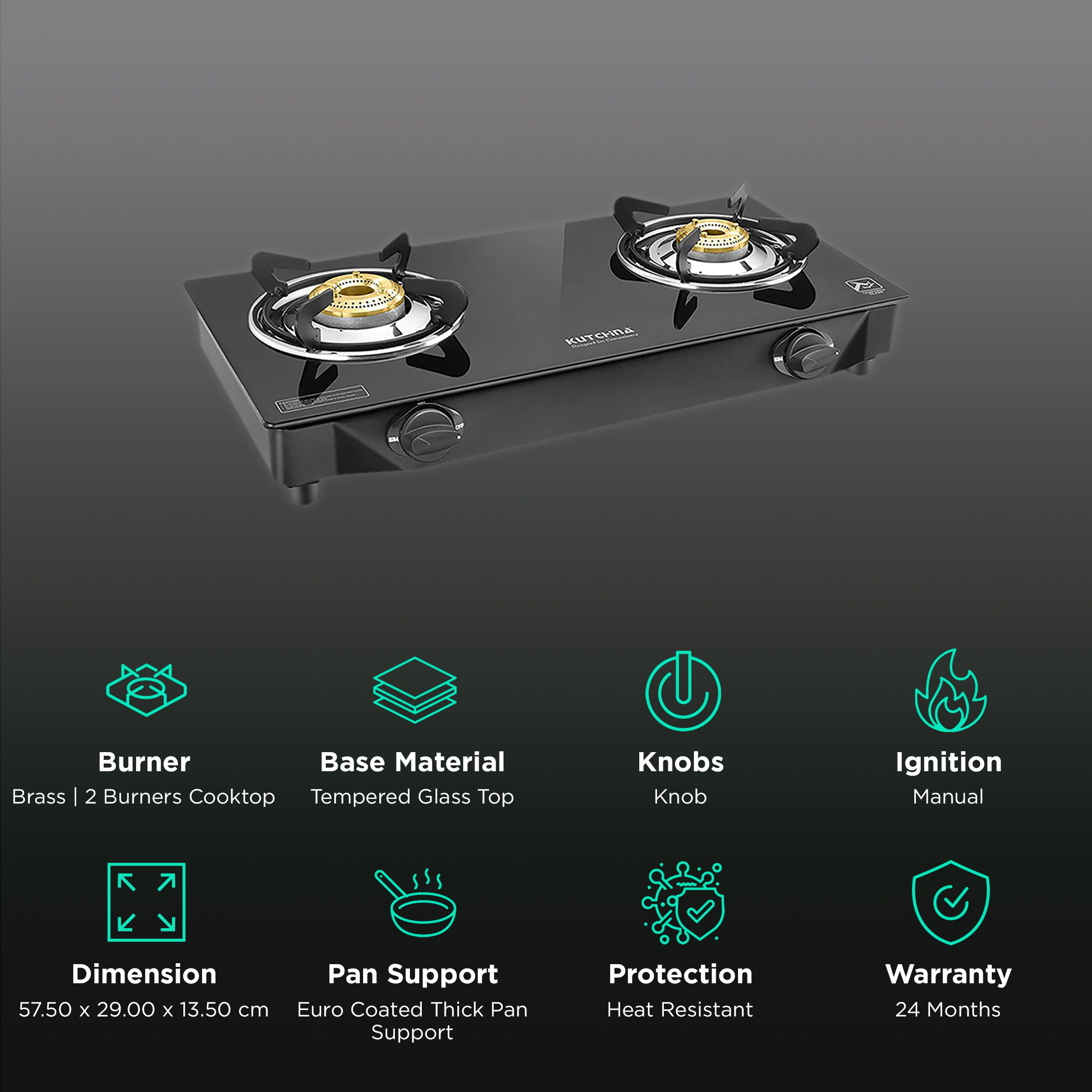 Kutchina Vetro Eco 2B Tempered Glass Top 2 Burner Manual Gas Stove (Euro Coated Thick Pan Support, Black) Kutchina Vetro Eco 2B Tempered Glass Top 2 Burner Manual Gas Stove (Euro Coated Thick Pan Support, Black)_3