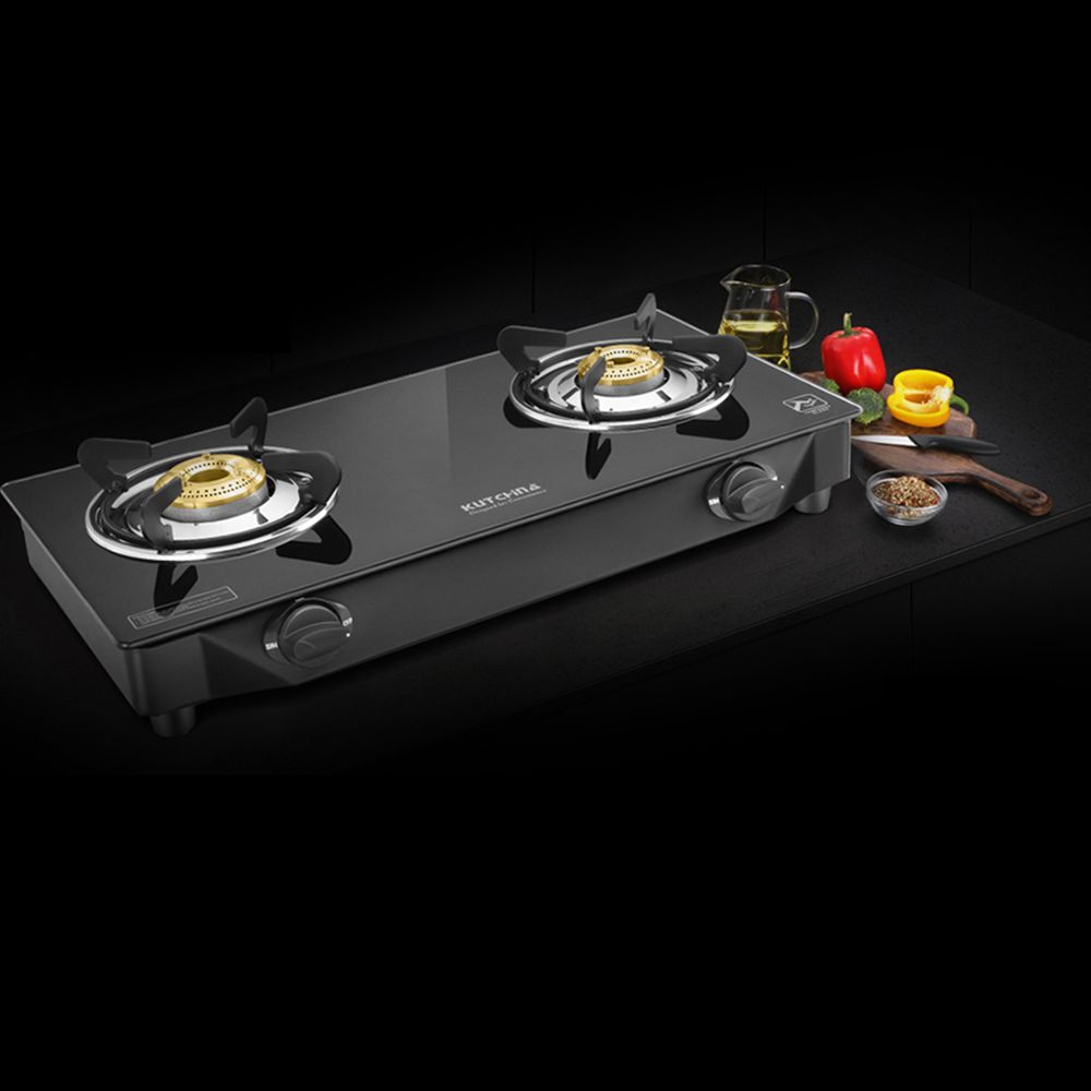Kutchina Vetro Eco 2B Tempered Glass Top 2 Burner Manual Gas Stove (Euro Coated Thick Pan Support, Black) Kutchina Vetro Eco 2B Tempered Glass Top 2 Burner Manual Gas Stove (Euro Coated Thick Pan Support, Black)_4