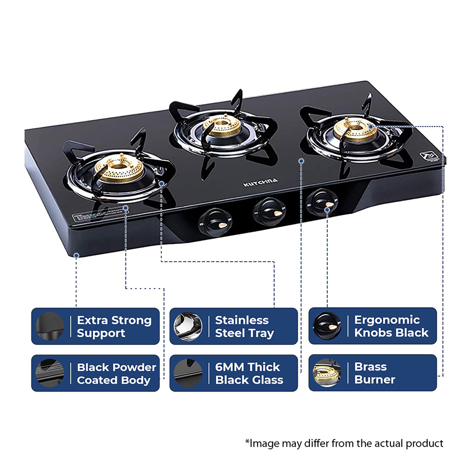 Kutchina Vetro Eco 3B Tempered Glass Top 3 Burner Manual Gas Stove (Euro Coated Thick Pan Support, Black) Kutchina Vetro Eco 3B Tempered Glass Top 3 Burner Manual Gas Stove (Euro Coated Thick Pan Support, Black)_5