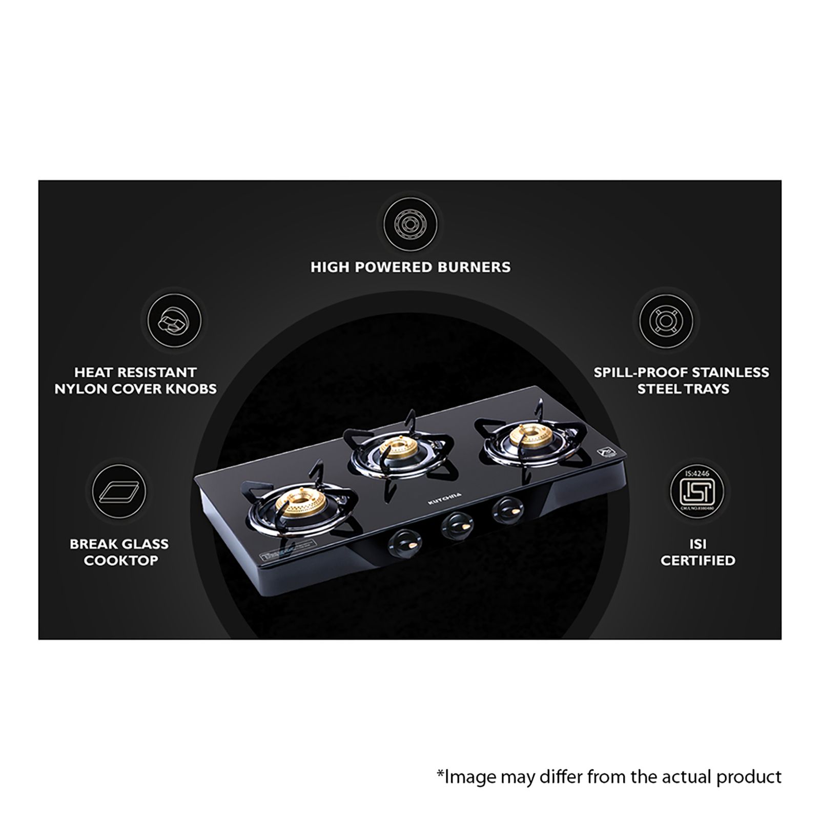 Kutchina Vetro Eco 3B Tempered Glass Top 3 Burner Manual Gas Stove (Euro Coated Thick Pan Support, Black) Kutchina Vetro Eco 3B Tempered Glass Top 3 Burner Manual Gas Stove (Euro Coated Thick Pan Support, Black)_6
