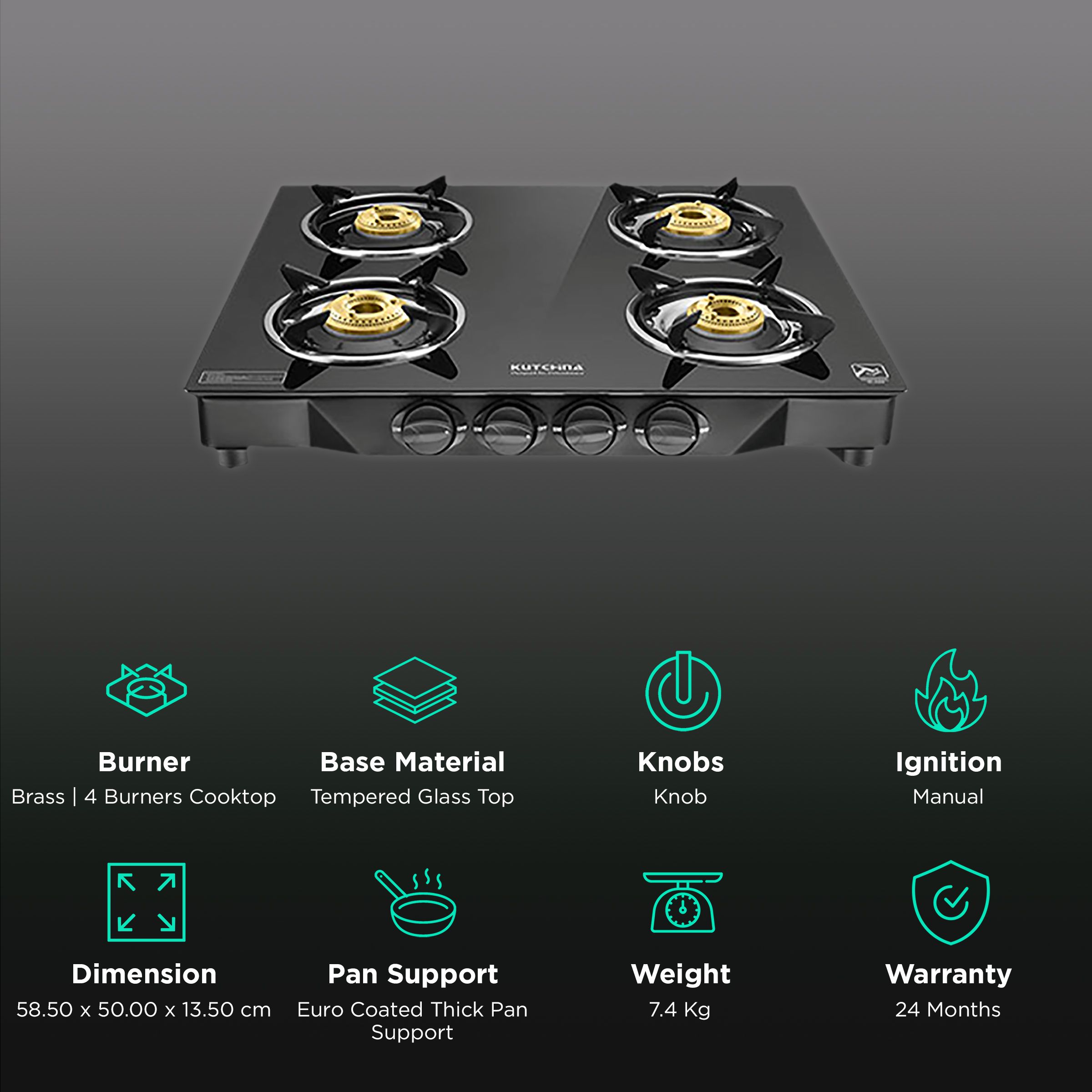 Kutchina Vetro Eco 4B Tempered Glass Top 4 Burner Manual Gas Stove (Euro Coated Thick Pan Support, Black) Kutchina Vetro Eco 4B Tempered Glass Top 4 Burner Manual Gas Stove (Euro Coated Thick Pan Support, Black)_3