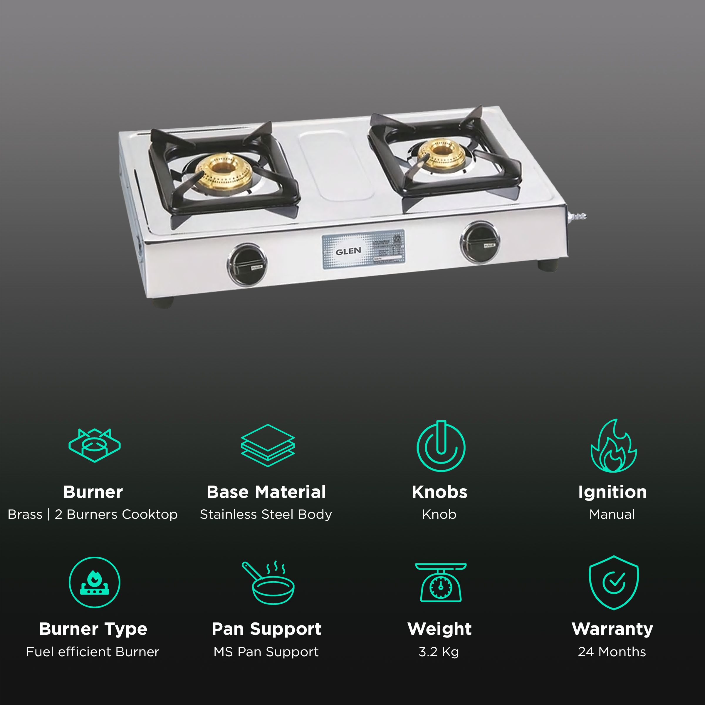 Glen 1020 SS BB 2 Burner Manual Gas Stove (Straight Nozzle, Silver)_3