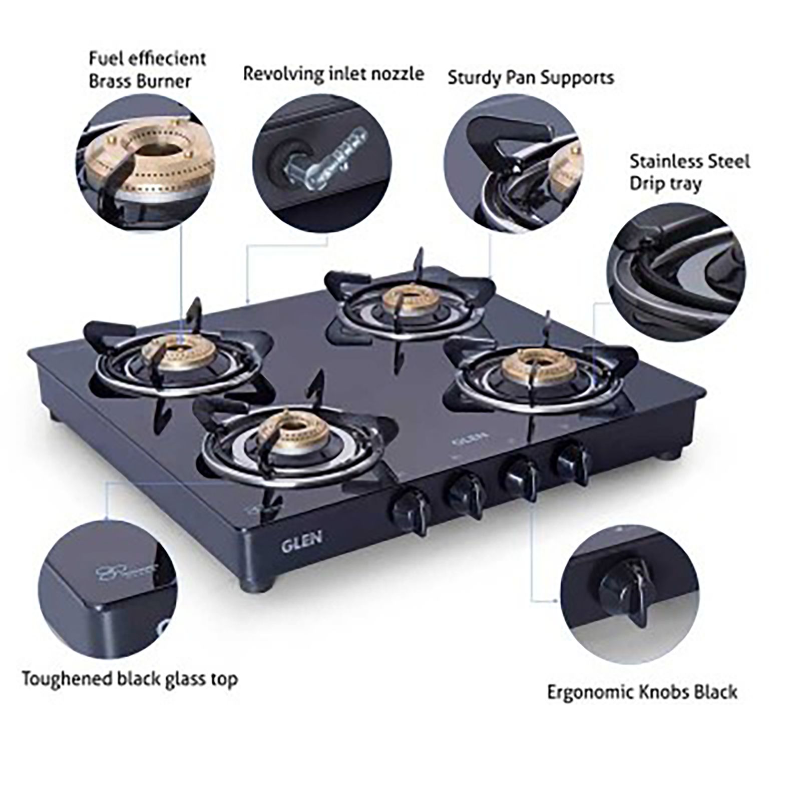 Glen 1043 GT HFBB DD BL Toughened Glass Top 4 Burner Manual Gas Stove (360 Degree Revolving Nozzle, Black) Glen 1043 GT HFBB DD BL Toughened Glass Top 4 Burner Manual Gas Stove (360 Degree Revolving Nozzle, Black)_11