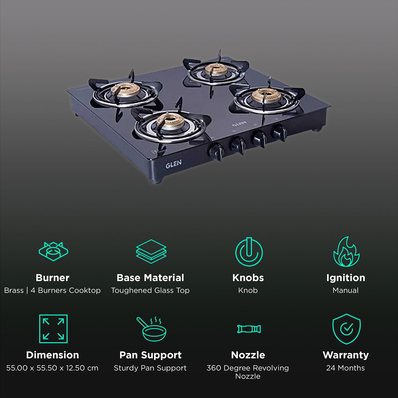 Glen 1043 GT HFBB DD BL Toughened Glass Top 4 Burner Manual Gas Stove (360 Degree Revolving Nozzle, Black) Glen 1043 GT HFBB DD BL Toughened Glass Top 4 Burner Manual Gas Stove (360 Degree Revolving Nozzle, Black)_3