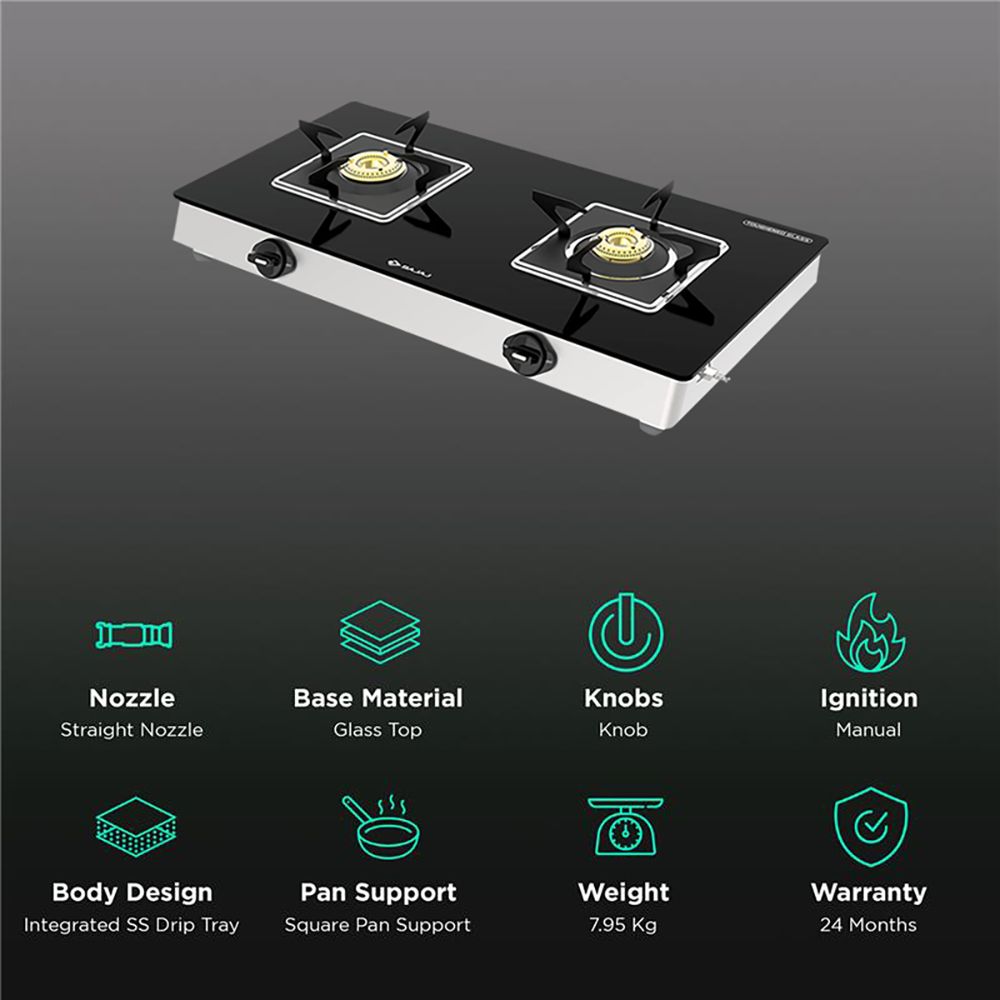 BAJAJ 2BRGS7 Glass Top 2 Burner Manual Gas Stove (Integrated SS Drip Tray, Black) BAJAJ 2BRGS7 Glass Top 2 Burner Manual Gas Stove (Integrated SS Drip Tray, Black)_3