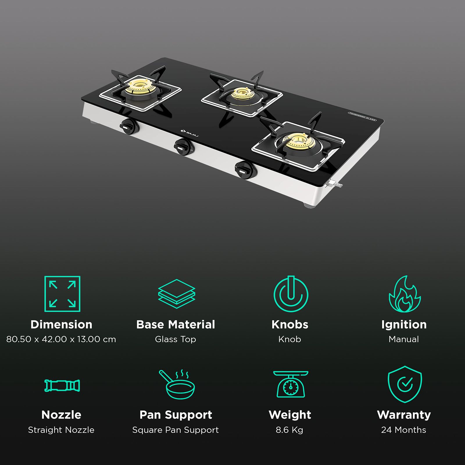 BAJAJ 3BJGS7 Glass Top 3 Burner Manual Gas Stove (Integrated SS Drip Tray, Black) BAJAJ 3BJGS7 Glass Top 3 Burner Manual Gas Stove (Integrated SS Drip Tray, Black)_3