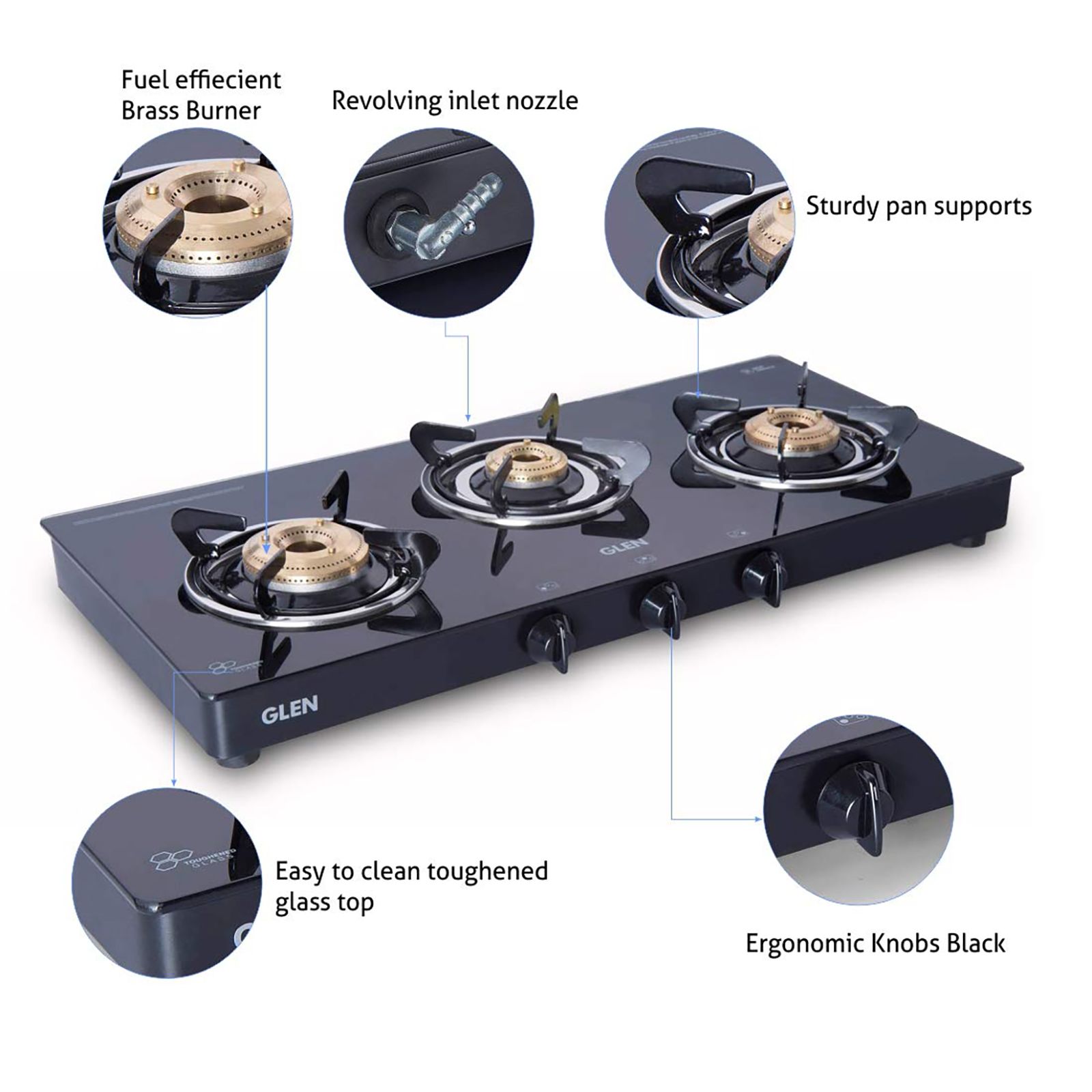 Glen 1032 GT HF BB DD BL Toughened Glass Top 3 Burner Manual Gas Stove (Scratch & Stain Resistant, Black)_4