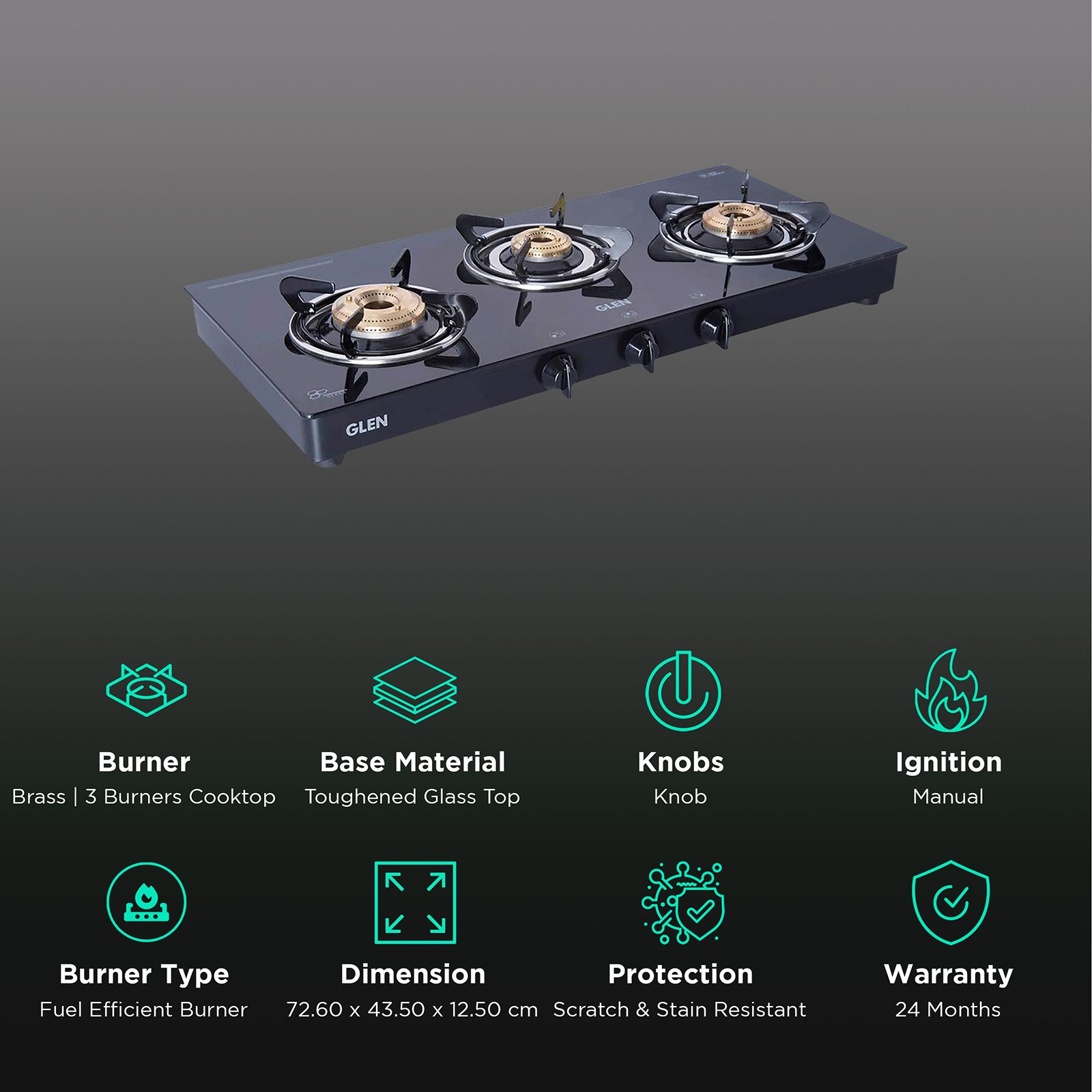 Glen 1032 GT HF BB DD BL Toughened Glass Top 3 Burner Manual Gas Stove (Scratch & Stain Resistant, Black)_3