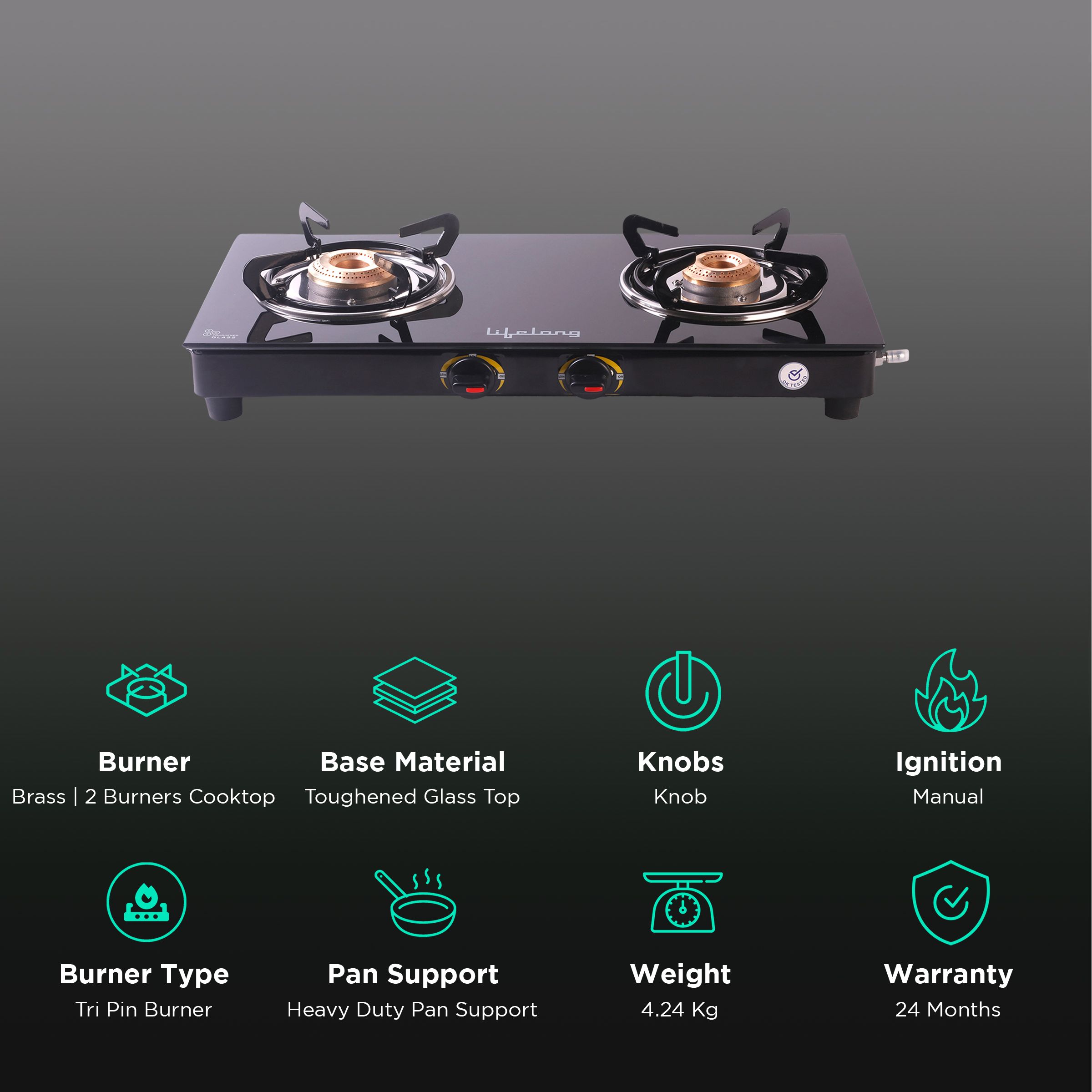 Lifelong LLGS10 Toughened Glass Top 2 Burner Manual Gas Stove (Anti-Skid Feet, Black)_3