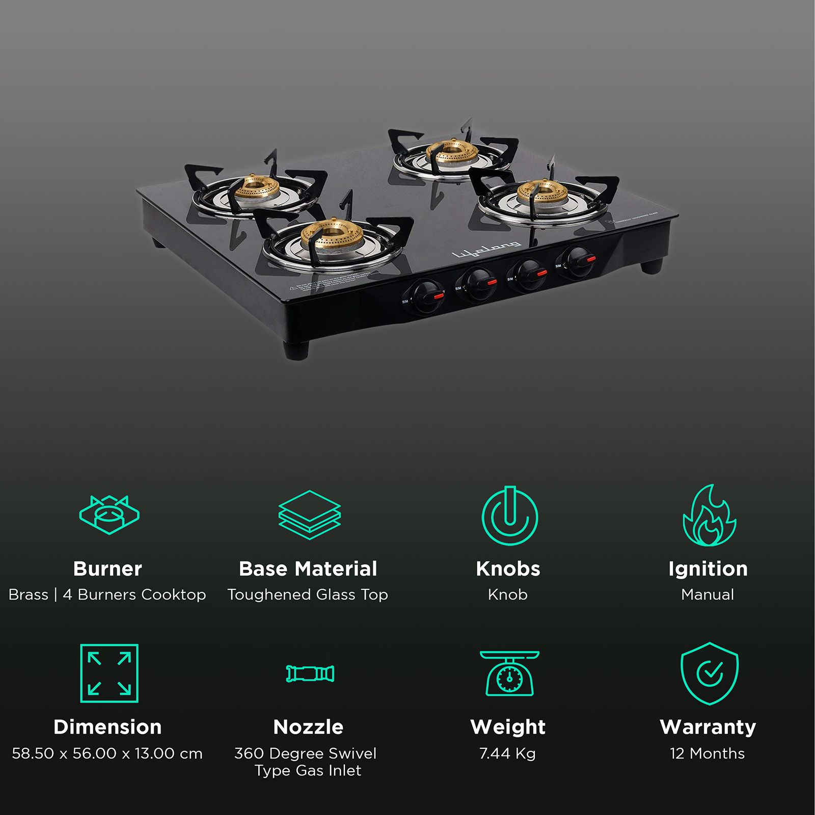 Lifelong LLGS27 Toughened Glass Top 4 Burner Manual Gas Stove (Nylon Knobs, Black) Lifelong LLGS27 Toughened Glass Top 4 Burner Manual Gas Stove (Nylon Knobs, Black)_3