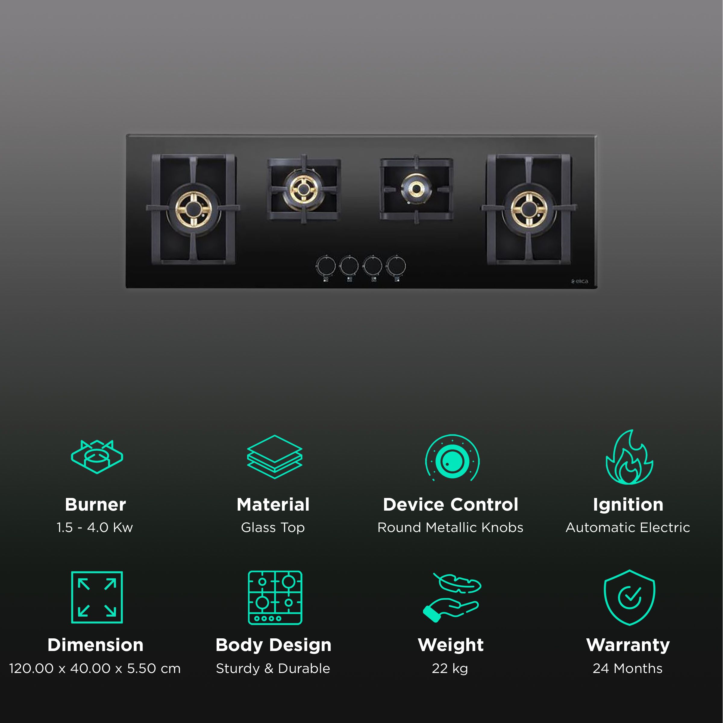 Elica PRO FB MFC 4B 120 DX Glass Top 4 Burner Automatic Electric Hob (Cast Iron Grid, Black)_3