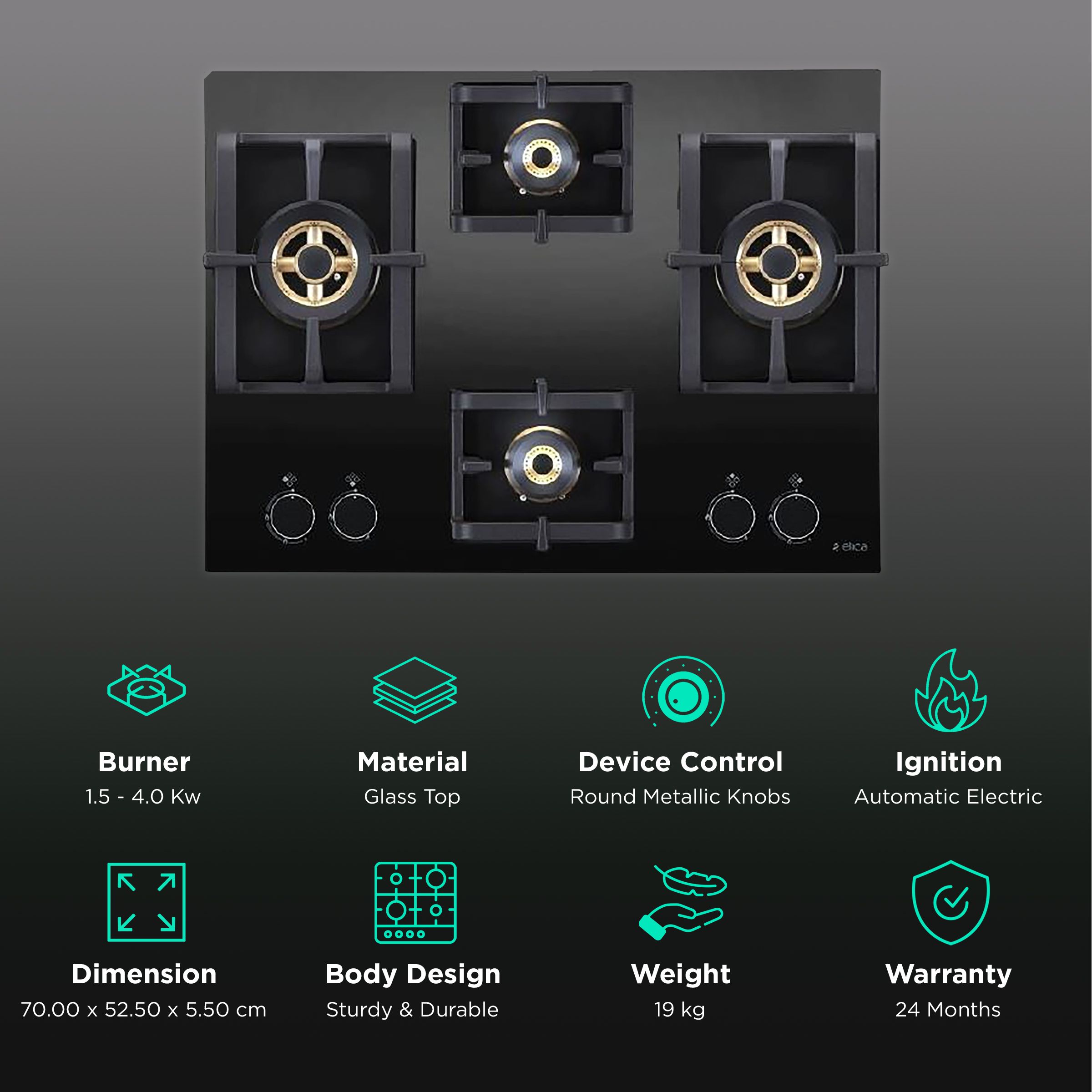 Elica PRO FB MFC 4B 70 DX Glass Top 4 Burner Automatic Electric Hob (Cast Iron Grid, Black) Elica PRO FB MFC 4B 70 DX Glass Top 4 Burner Automatic Electric Hob (Cast Iron Grid, Black)_3