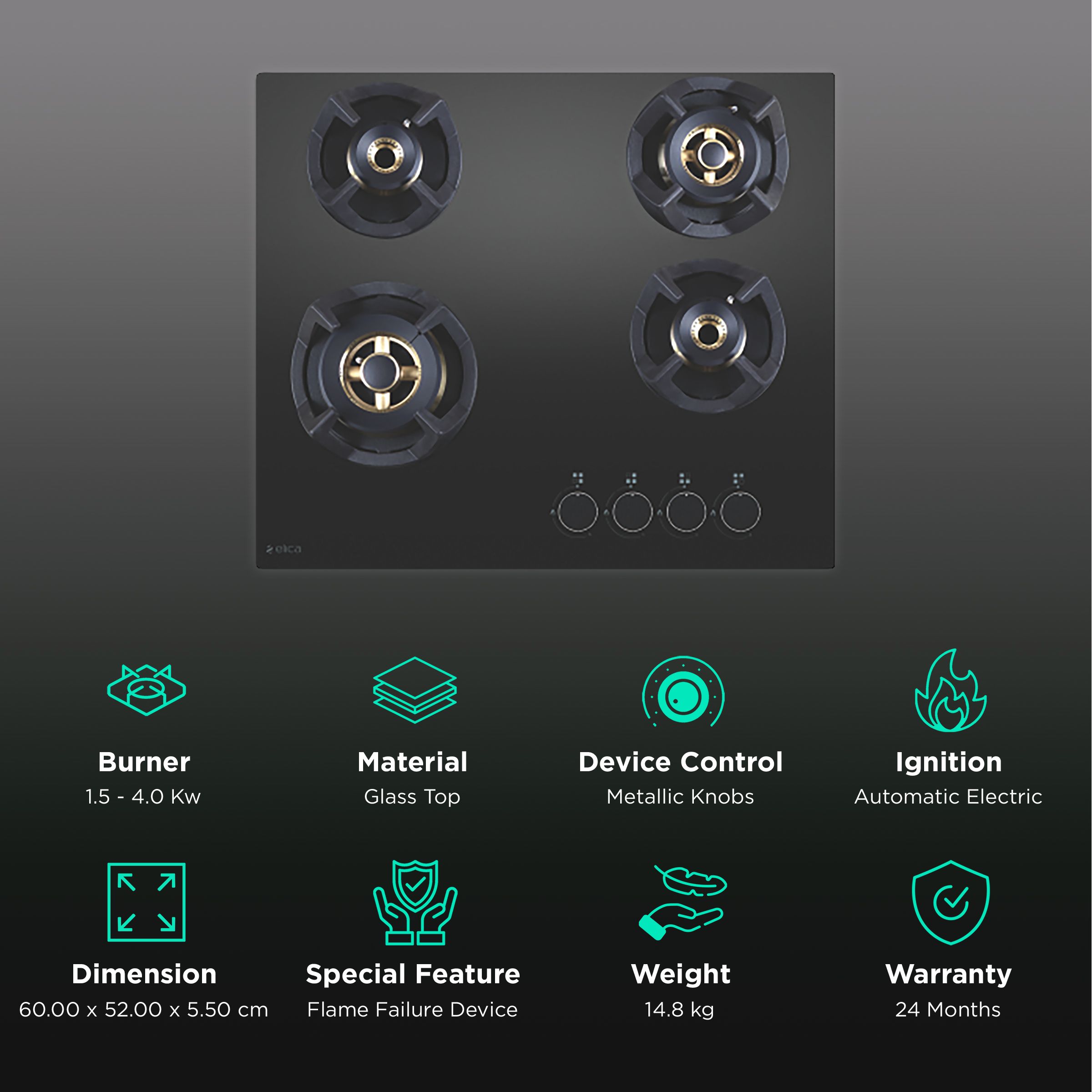 Elica CLASSIC FLEXI FB MFC 4B 60 MT FFD Glass Top 4 Burner Automatic Electric Hob (Heavy Duty Multi Frame Burners, Black)_3