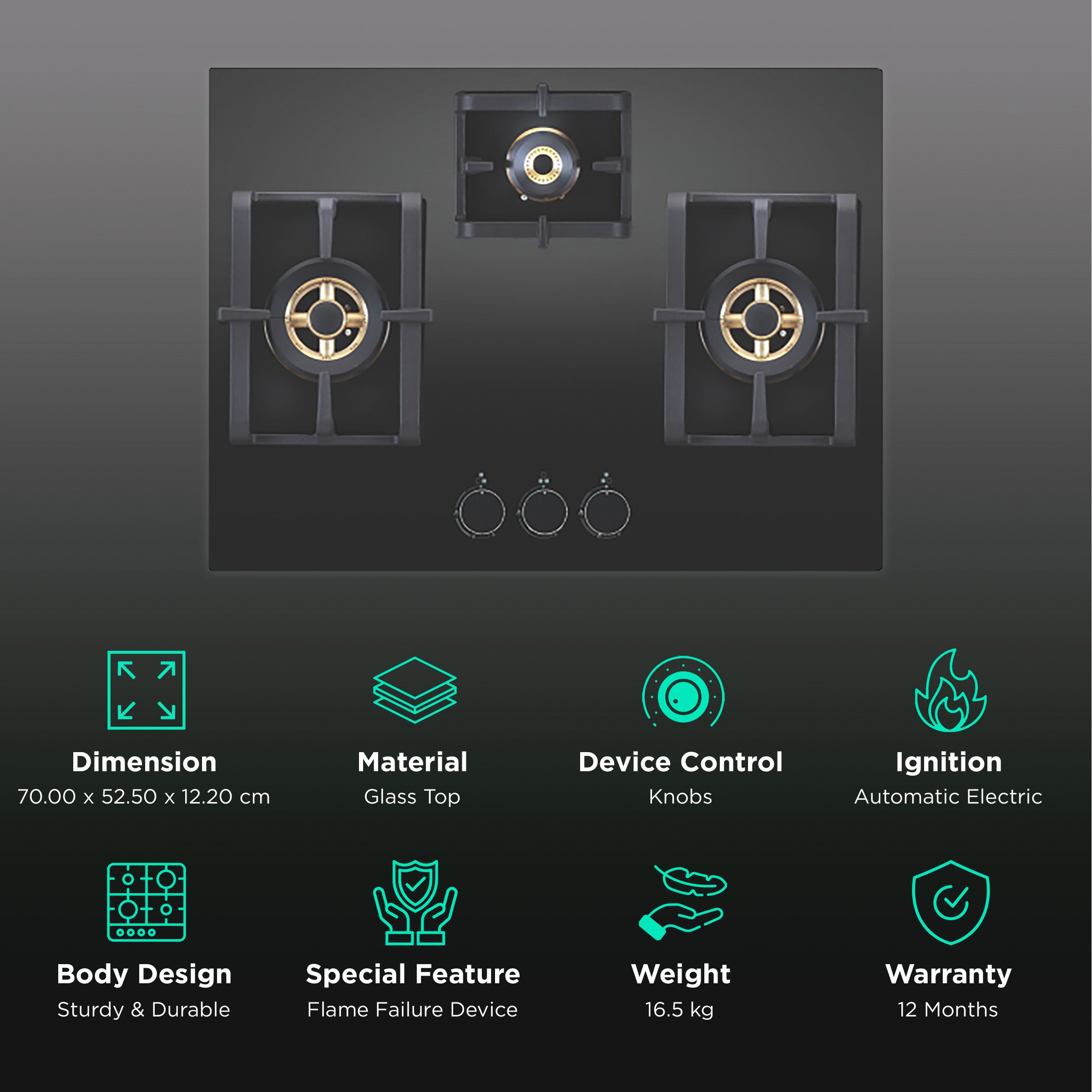 Elica PRO AB MFC 3B 70 DX FFD Glass Top 3 Burner Automatic Electric Hob (Cast Iron Grid, Black) Elica PRO AB MFC 3B 70 DX FFD Glass Top 3 Burner Automatic Electric Hob (Cast Iron Grid, Black)_3