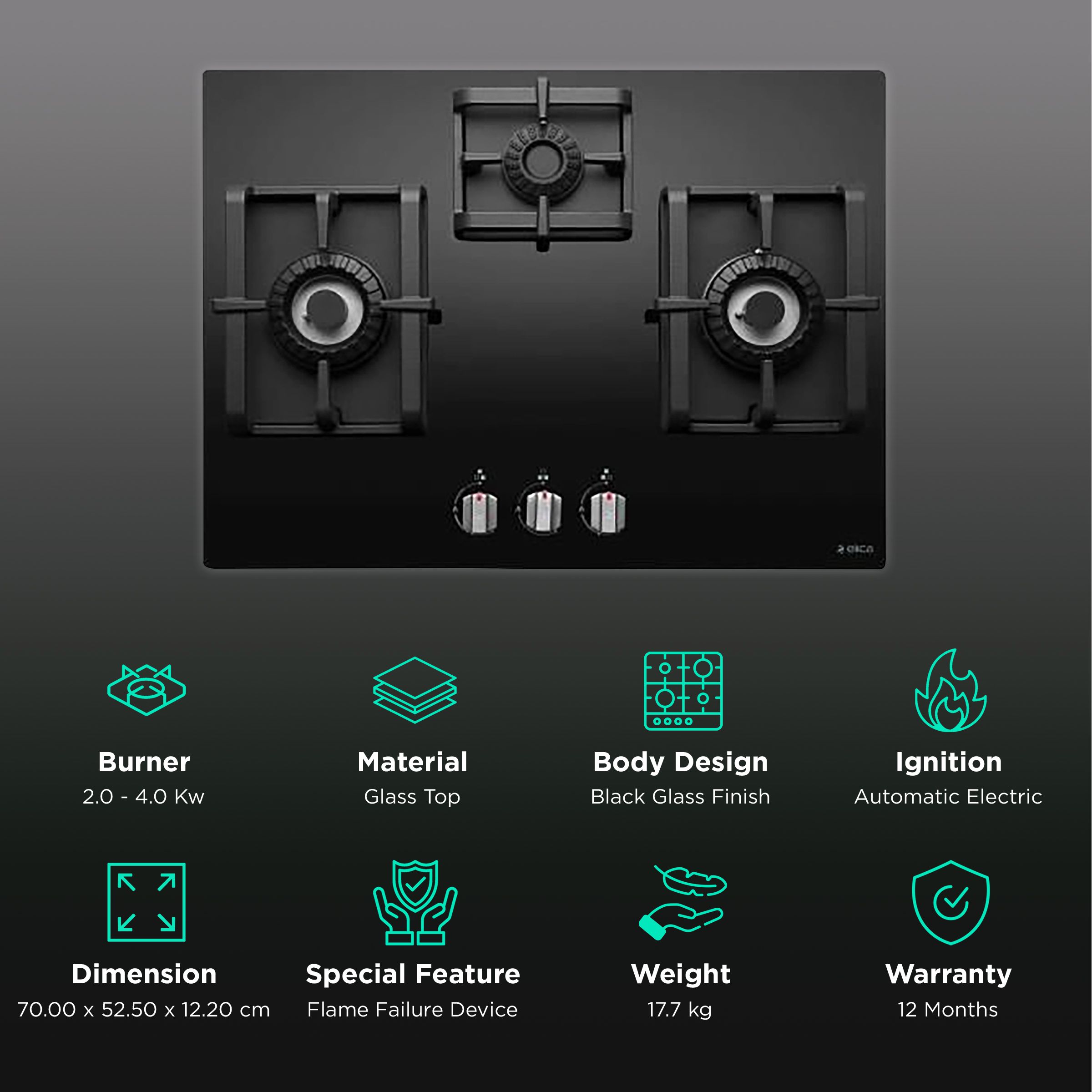 Elica PRO MFC 3B 70 DX SWIRL FFD N Glass Top 3 Burner Automatic Electric Hob (Cast Iron Grill Rack, Black)_3