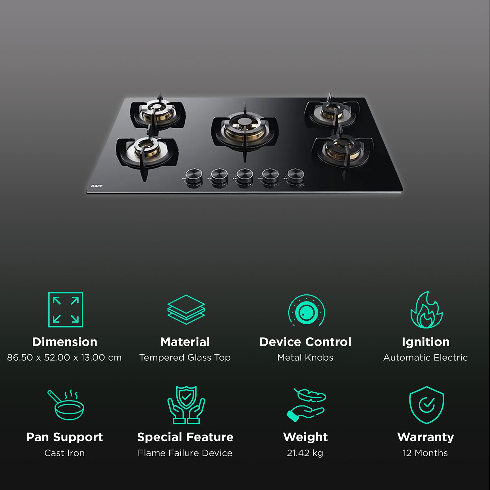 KAFF Bellini Tempered Glass Top 5 Burner Automatic Electric Hob (Flame Failure Device, Black) KAFF Bellini Tempered Glass Top 5 Burner Automatic Electric Hob (Flame Failure Device, Black)_3