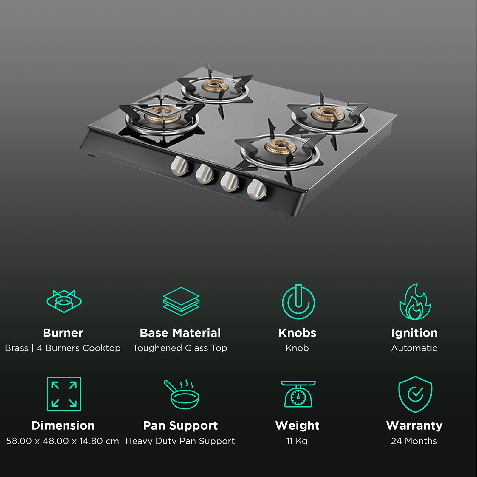 KAFF CTB584BAI Toughened Glass Top 4 Burner Automatic Gas Stove (Heavy Duty Pan Support, Black) KAFF CTB584BAI Toughened Glass Top 4 Burner Automatic Gas Stove (Heavy Duty Pan Support, Black)_3