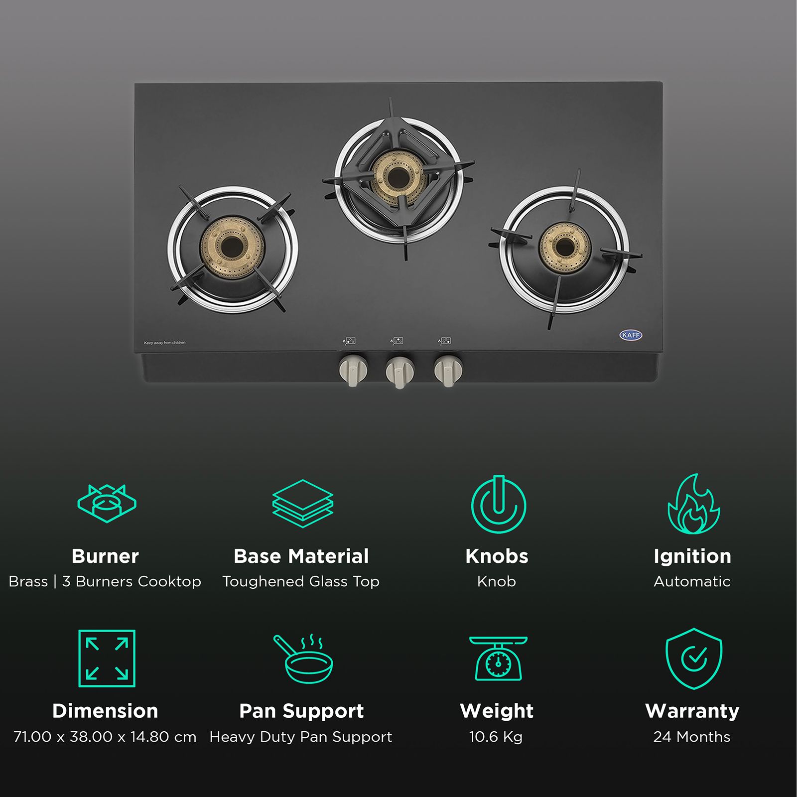 KAFF CTB713BAI Toughened Glass Top 3 Burner Automatic Gas Stove (Heavy Duty Pan Support, Black) KAFF CTB713BAI Toughened Glass Top 3 Burner Automatic Gas Stove (Heavy Duty Pan Support, Black)_3