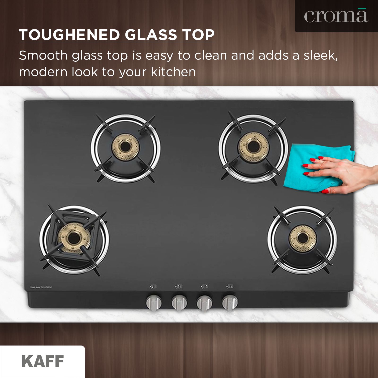 KAFF CTB694BAI Toughened Glass Top 4 Burner Automatic Gas Stove (Heavy Duty Pan Support, Black) KAFF CTB694BAI Toughened Glass Top 4 Burner Automatic Gas Stove (Heavy Duty Pan Support, Black)_12