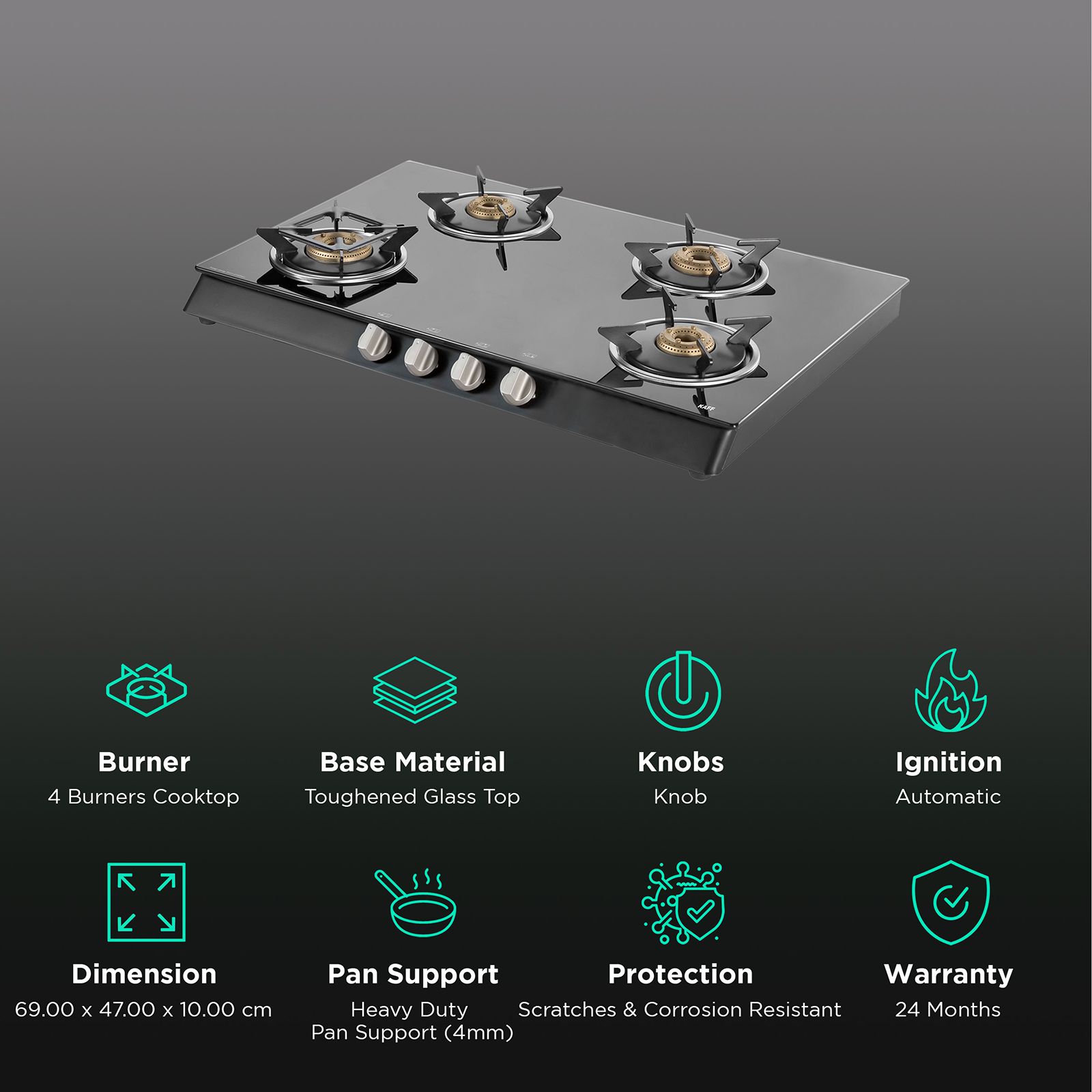 KAFF CTB694BAI Toughened Glass Top 4 Burner Automatic Gas Stove (Heavy Duty Pan Support, Black) KAFF CTB694BAI Toughened Glass Top 4 Burner Automatic Gas Stove (Heavy Duty Pan Support, Black)_3