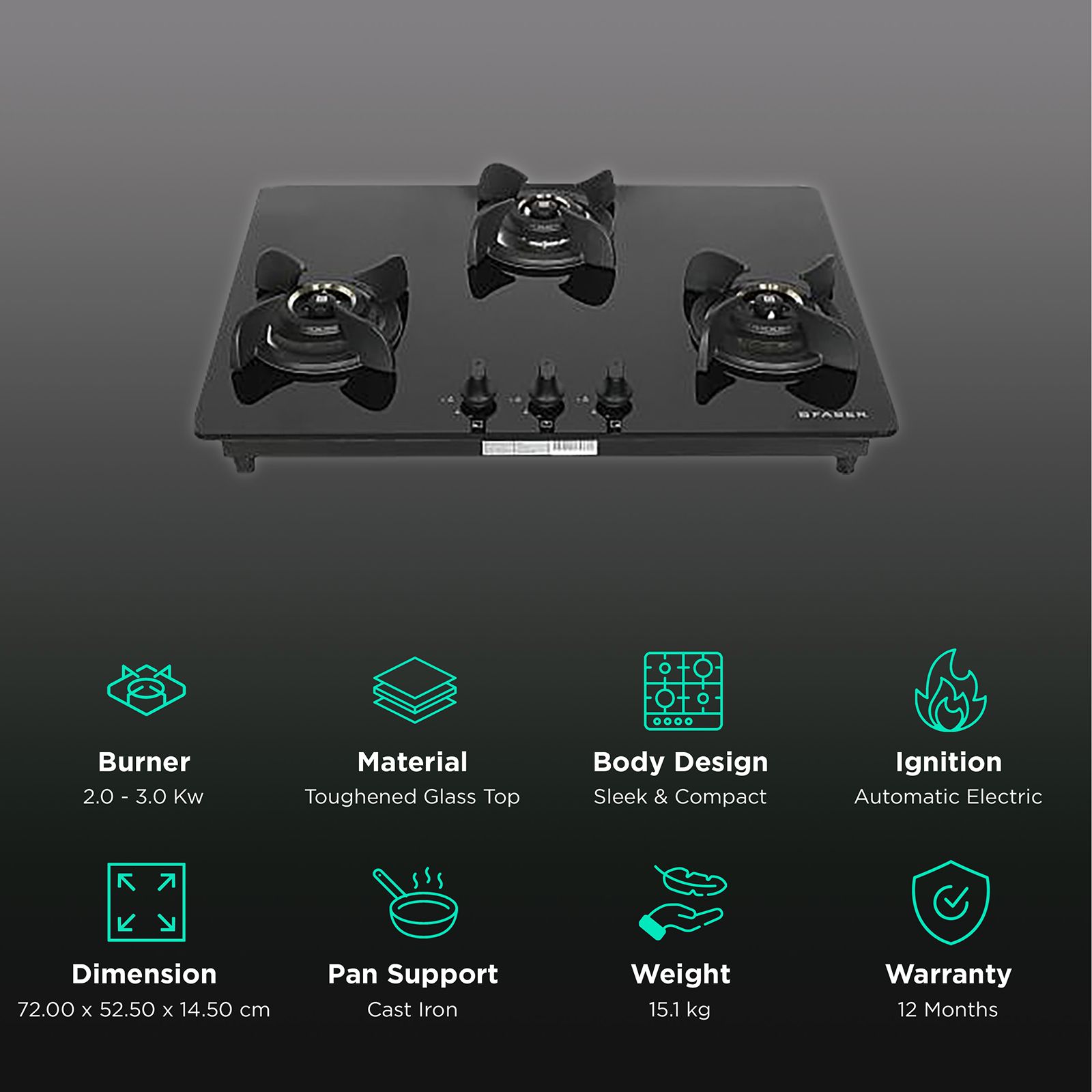 Faber Ultima HT723 CRS BR CI AI Toughened Glass Top 3 Burner Automatic Electric Hob (Premium Quality Knob, Black) Faber Ultima HT723 CRS BR CI AI Toughened Glass Top 3 Burner Automatic Electric Hob (Premium Quality Knob, Black)_3