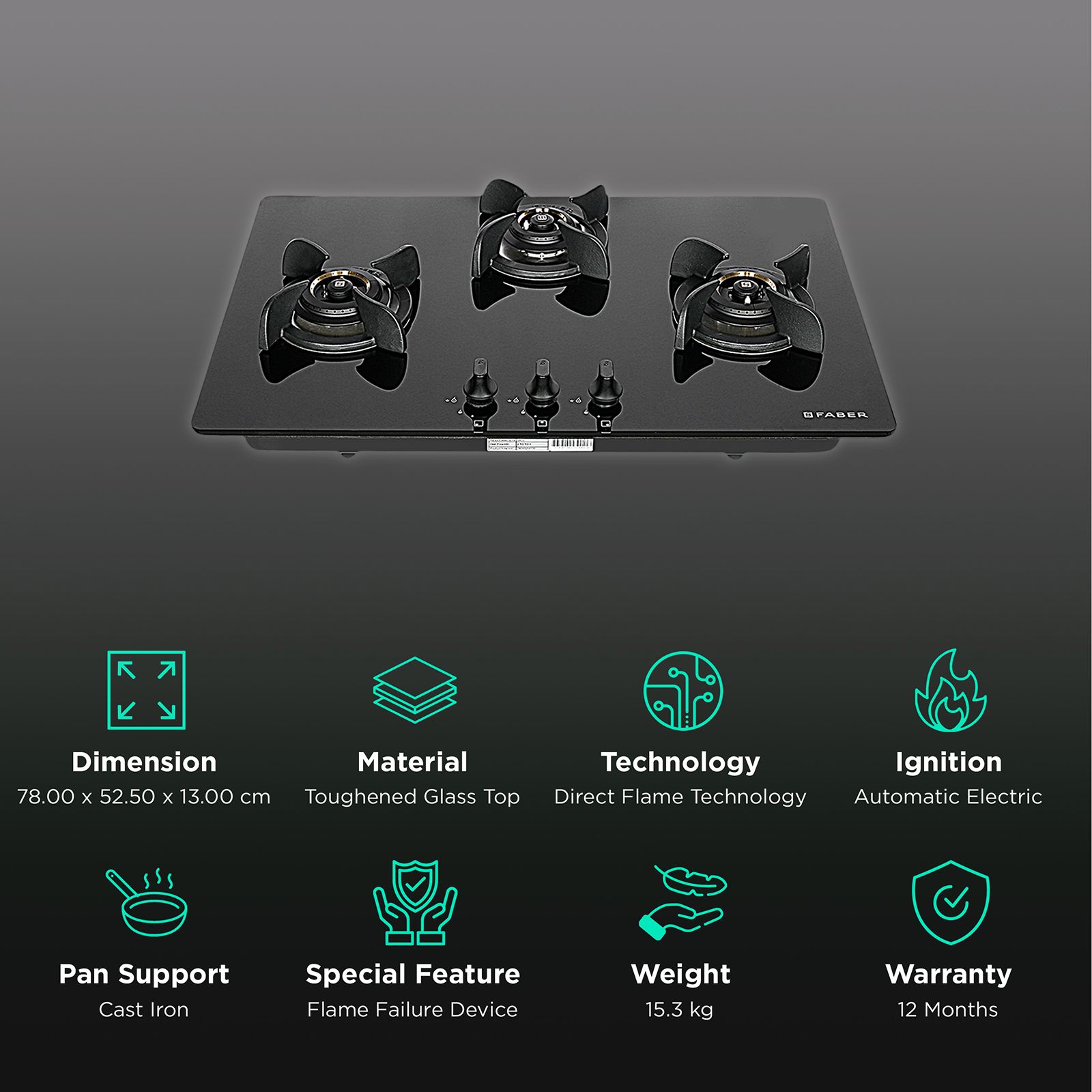 Faber Ultima Plus HT783 CRS BR CI AI Toughened Glass Top 3 Burner Automatic Hob (Cast Iron Pan Support, Black) Faber Ultima Plus HT783 CRS BR CI AI Toughened Glass Top 3 Burner Automatic Hob (Cast Iron Pan Support, Black)_3