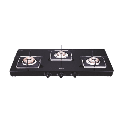elica 773 CT VETRO (SLIMLINE SPF AI) Toughened Glass Top 3 Burner Automatic Gas Stove (Square Euro Coated Grids, Black)