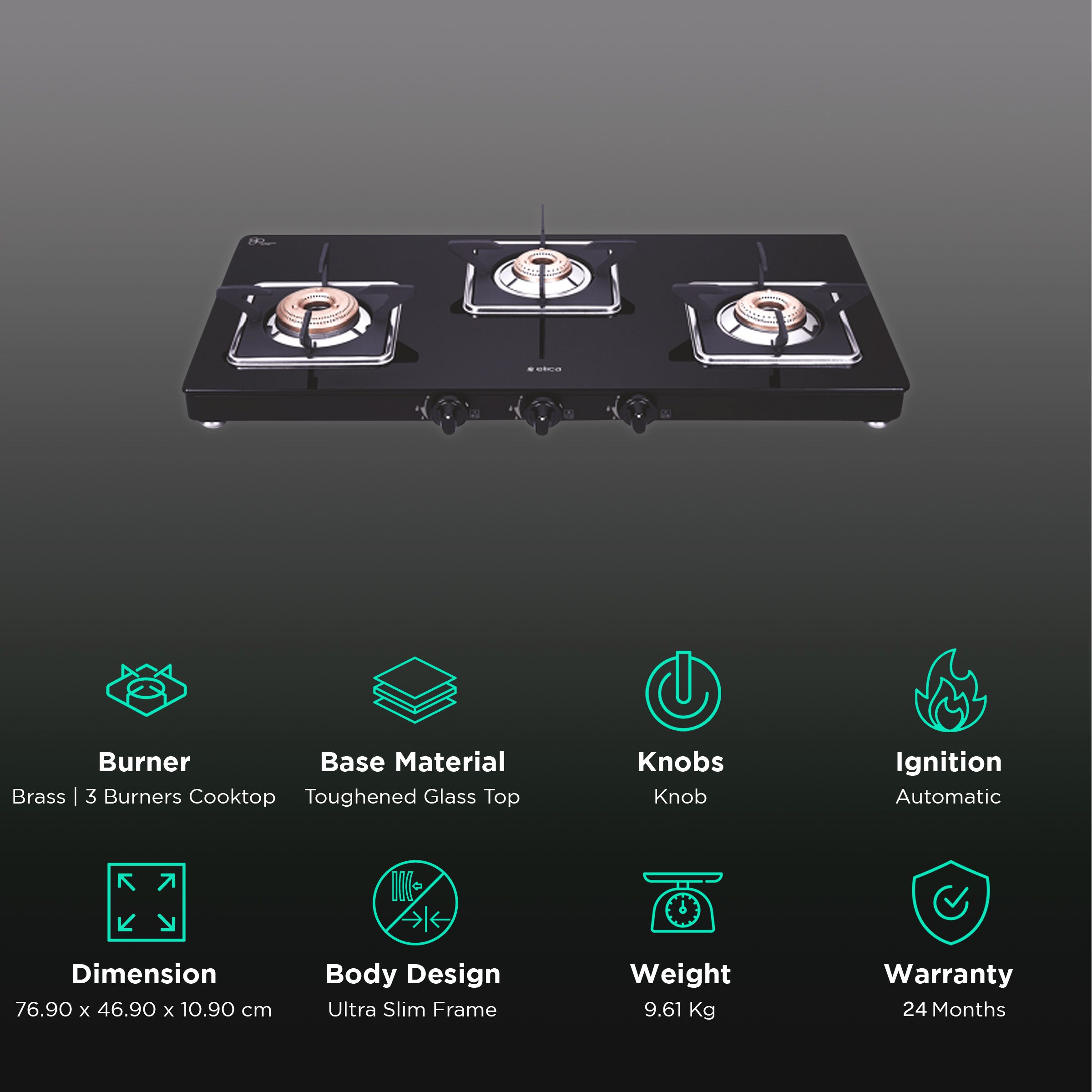 elica 773 CT VETRO (SLIMLINE SPF AI) Toughened Glass Top 3 Burner Automatic Gas Stove (Square Euro Coated Grids, Black) elica 773 CT VETRO (SLIMLINE SPF AI) Toughened Glass Top 3 Burner Automatic Gas Stove (Square Euro Coated Grids, Black)_3