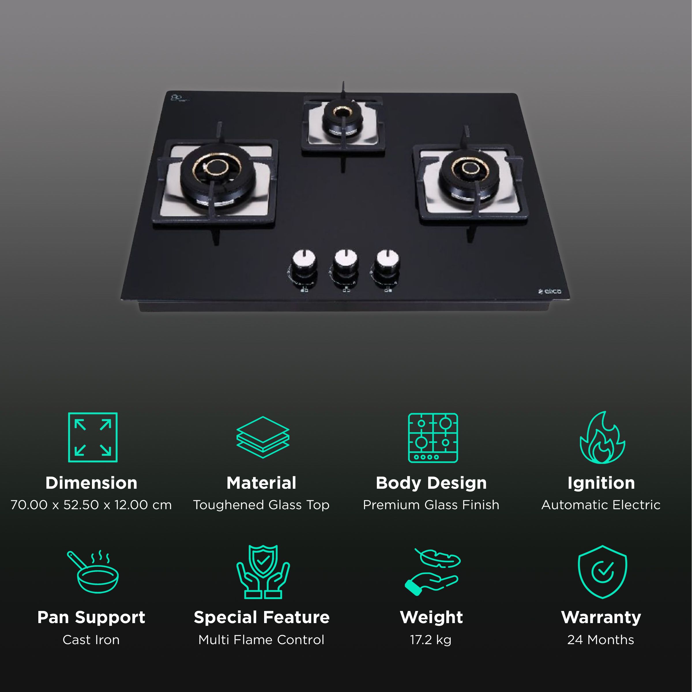 Elica FLEXI MFC AB 370 MT Toughened Glass Top 3 Burner Automatic Electric Hob (Cast Iron Grid, Black)_3