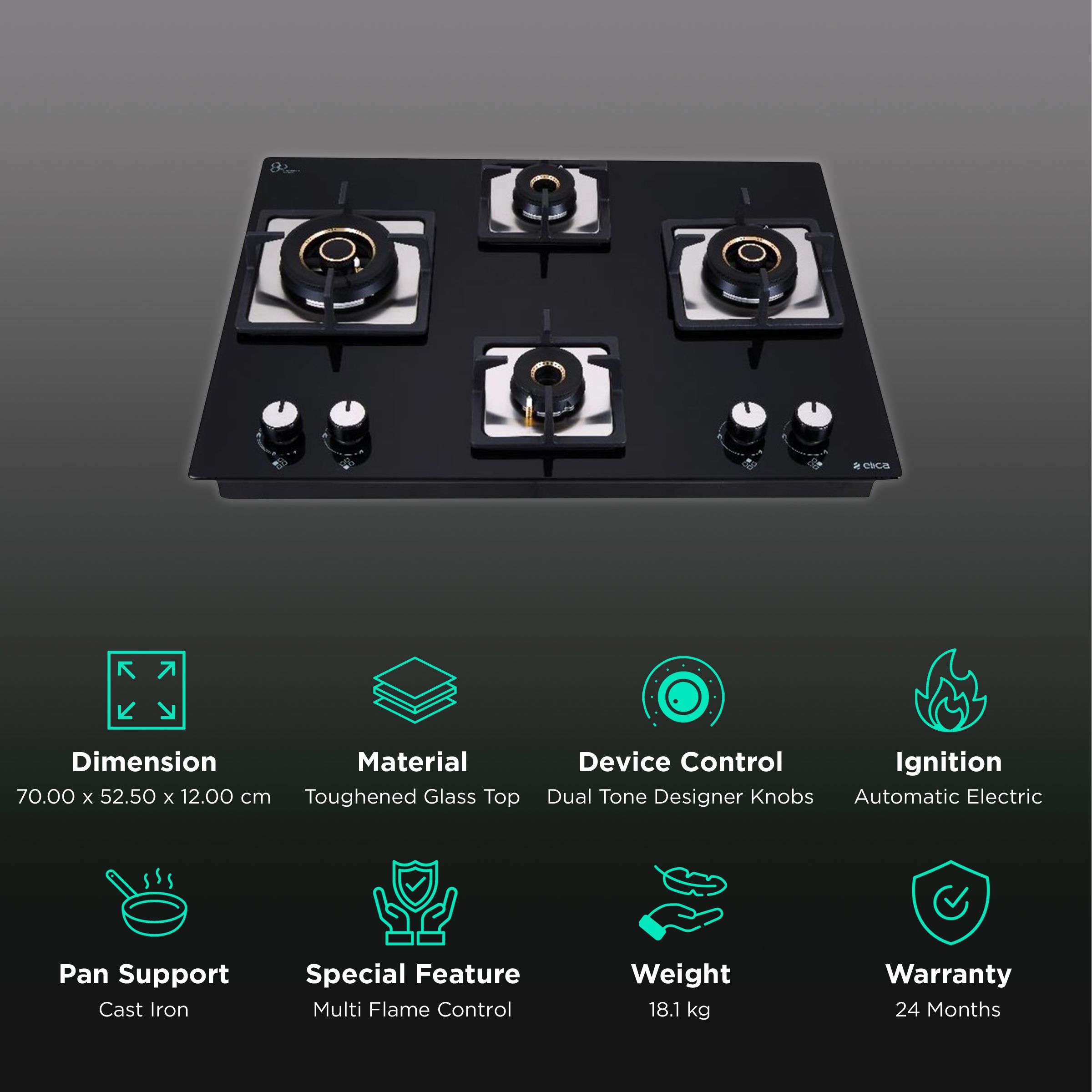 Elica FLEXI MFC AB 470 MT Toughened Glass Top 4 Burner Automatic Electric Hob (Cast Iron Grid, Black) Elica FLEXI MFC AB 470 MT Toughened Glass Top 4 Burner Automatic Electric Hob (Cast Iron Grid, Black)_3
