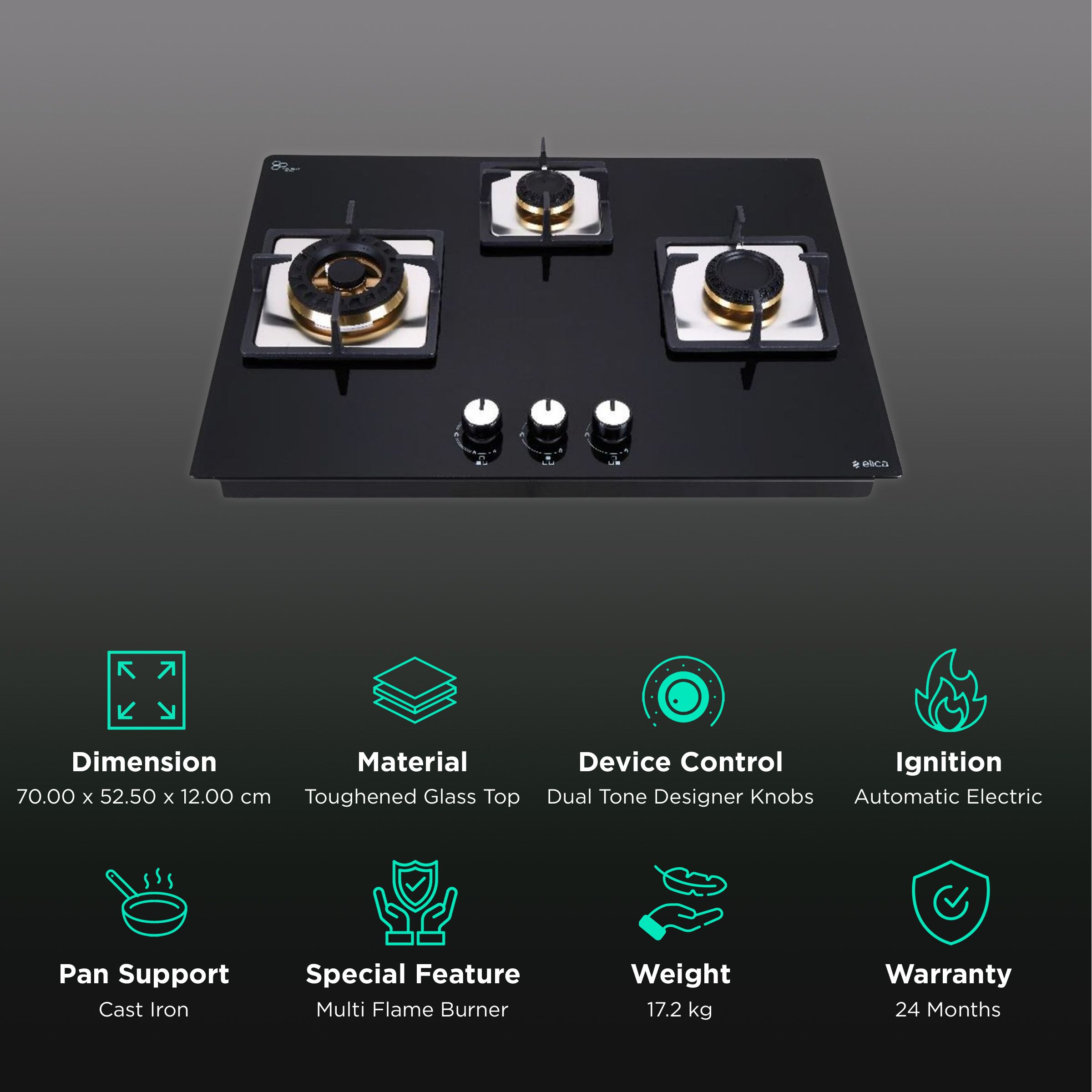Elica FLEXI MFC FB 370 SWIRL Toughened Glass Top 3 Burner Automatic Electric Hob (Cast Iron Grid, Black)_3
