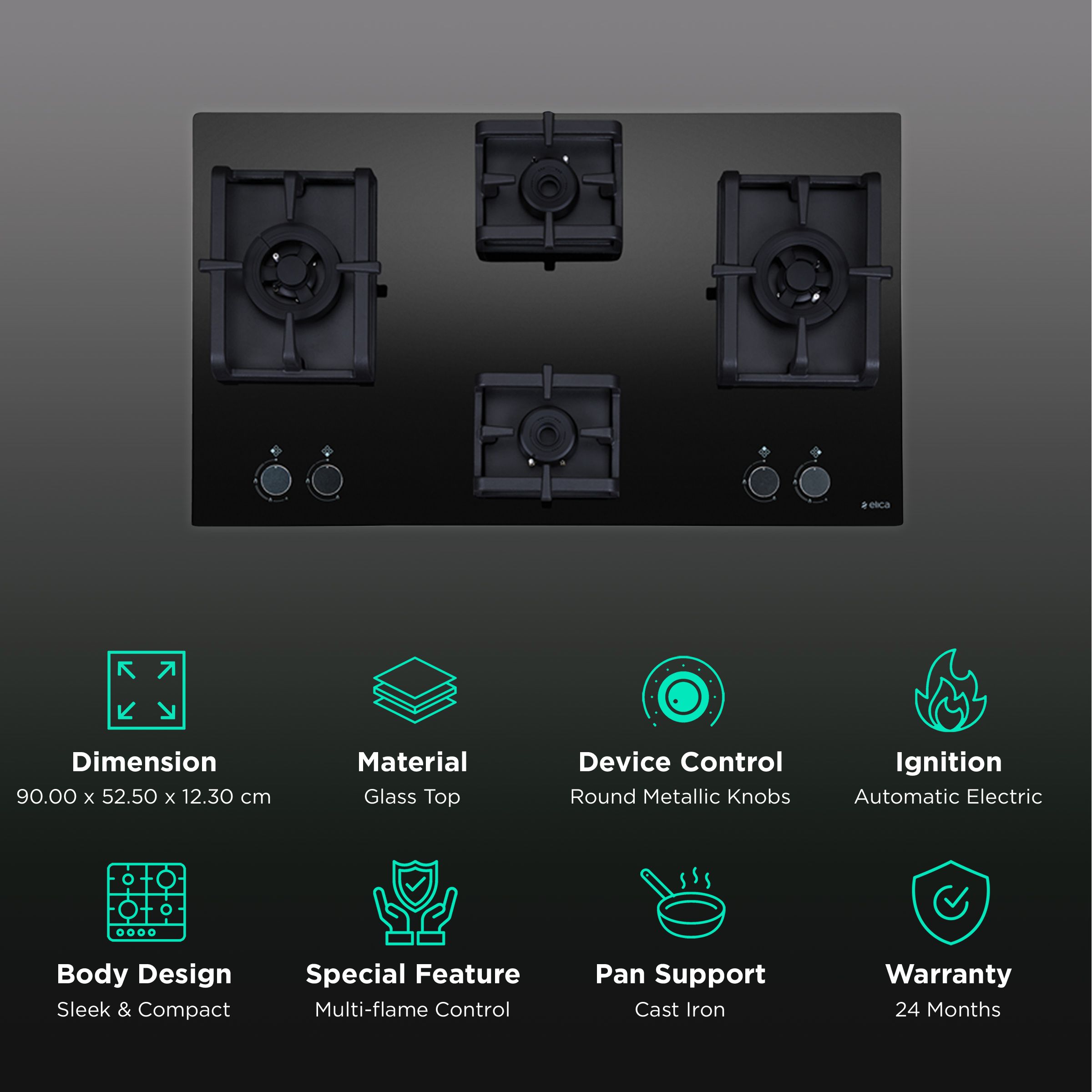 Elica Flexi Pro MAX AB MFC 4B 91 DX Glass Top 4 Burner Automatic Electric Hob (Round Metallic Knob, Black)_3