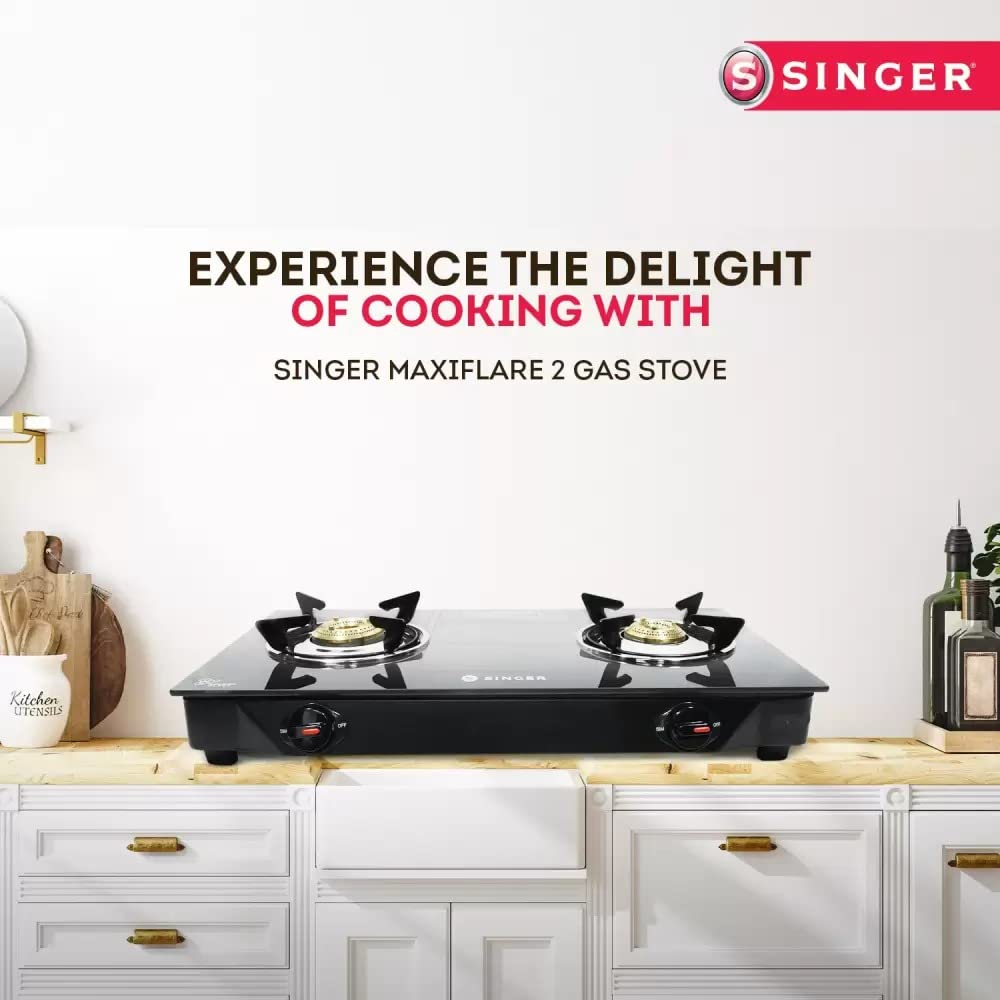 Singer Maxiflare Toughened Glass Top 2 Burner Manual Gas Stove (Powder Coated Pan Support, Black)_6
