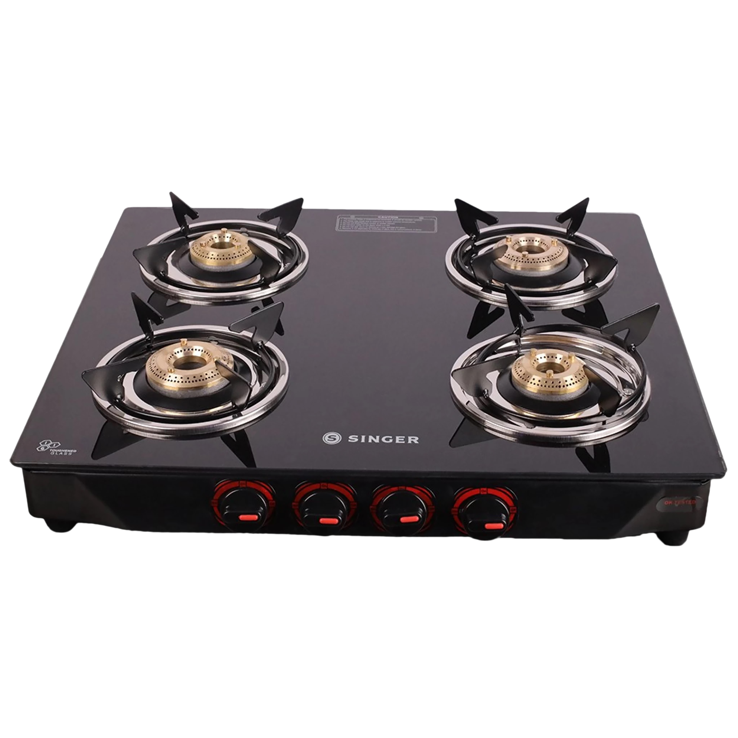 Singer Maxiflare Toughened Glass Top 4 Burner Manual Gas Stove (Powder Coated Pan Support, Black)_1