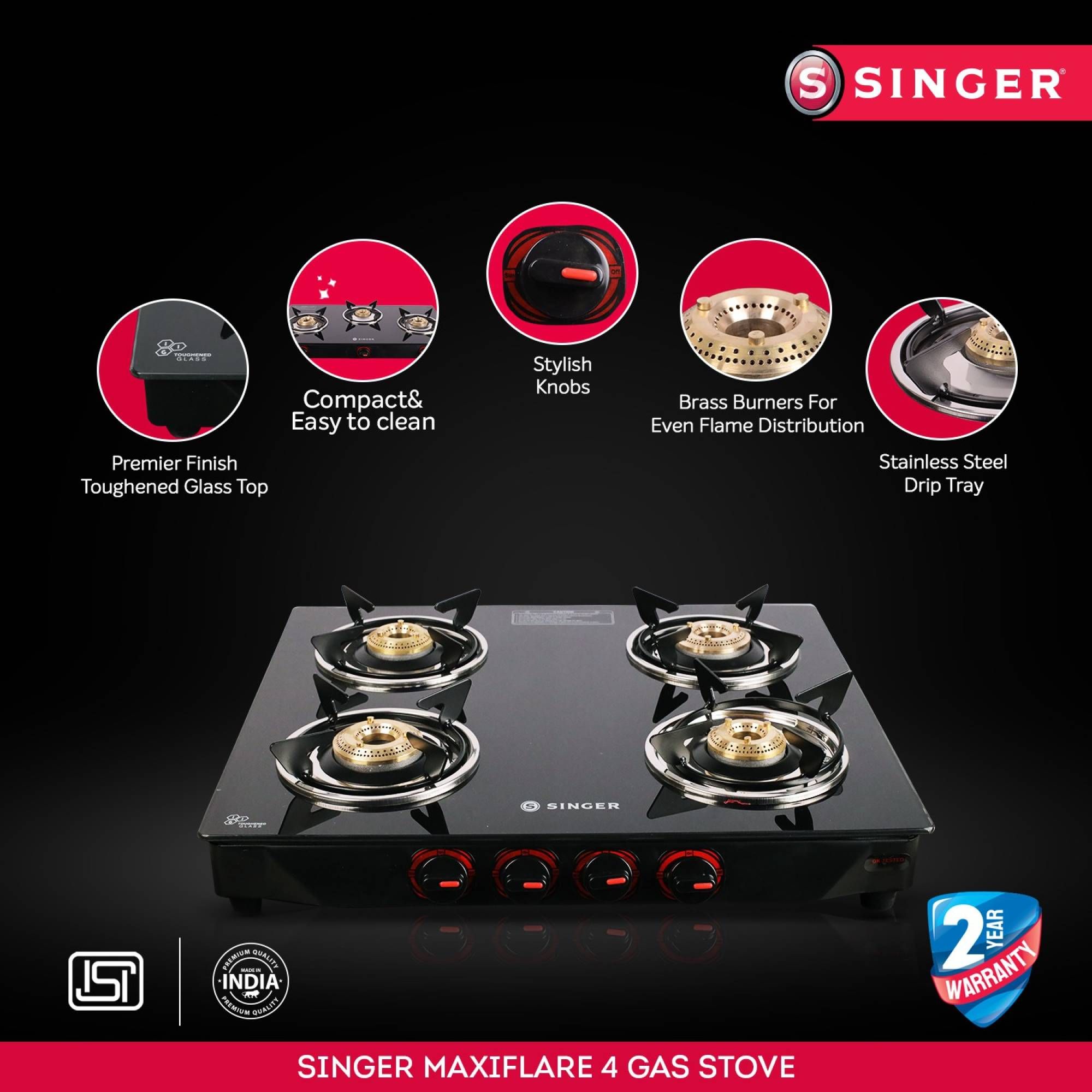 Singer Maxiflare Toughened Glass Top 4 Burner Manual Gas Stove (Powder Coated Pan Support, Black)_7
