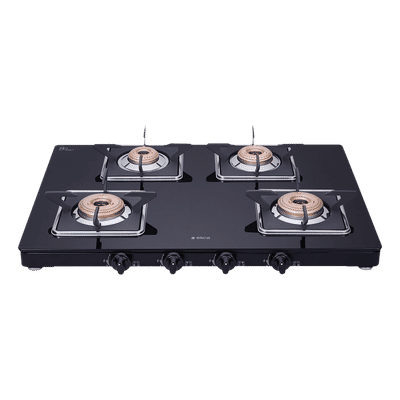 Elica 694 CT VETRO SLIMLINE SPF 2J AI Glass Top 4 Burner Automatic Gas Stove (Square Euro Coated Grids, Black)