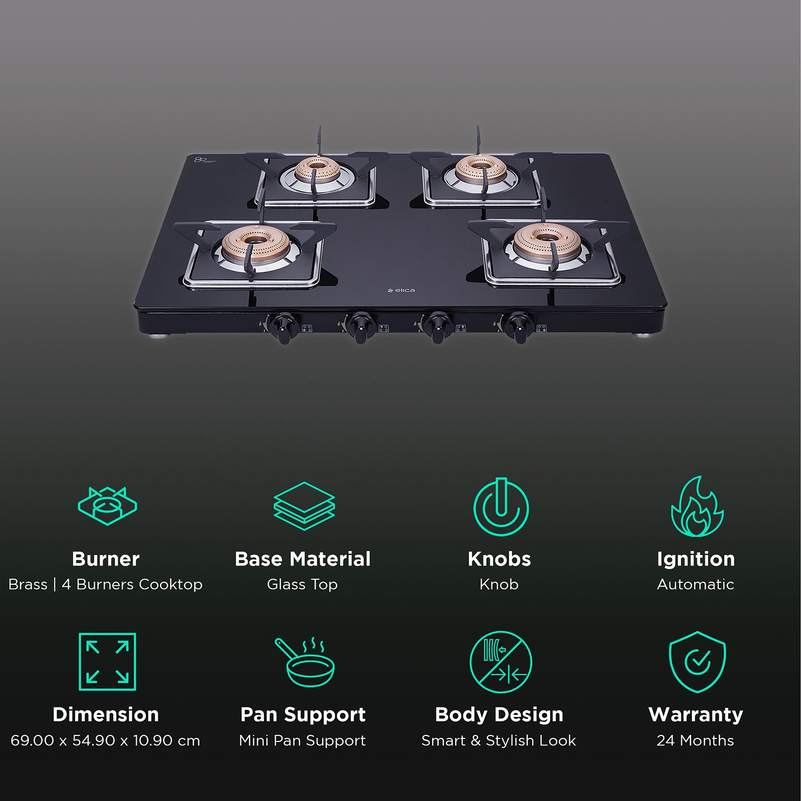 Elica 694 CT VETRO SLIMLINE SPF 2J AI Glass Top 4 Burner Automatic Gas Stove (Square Euro Coated Grids, Black)_3