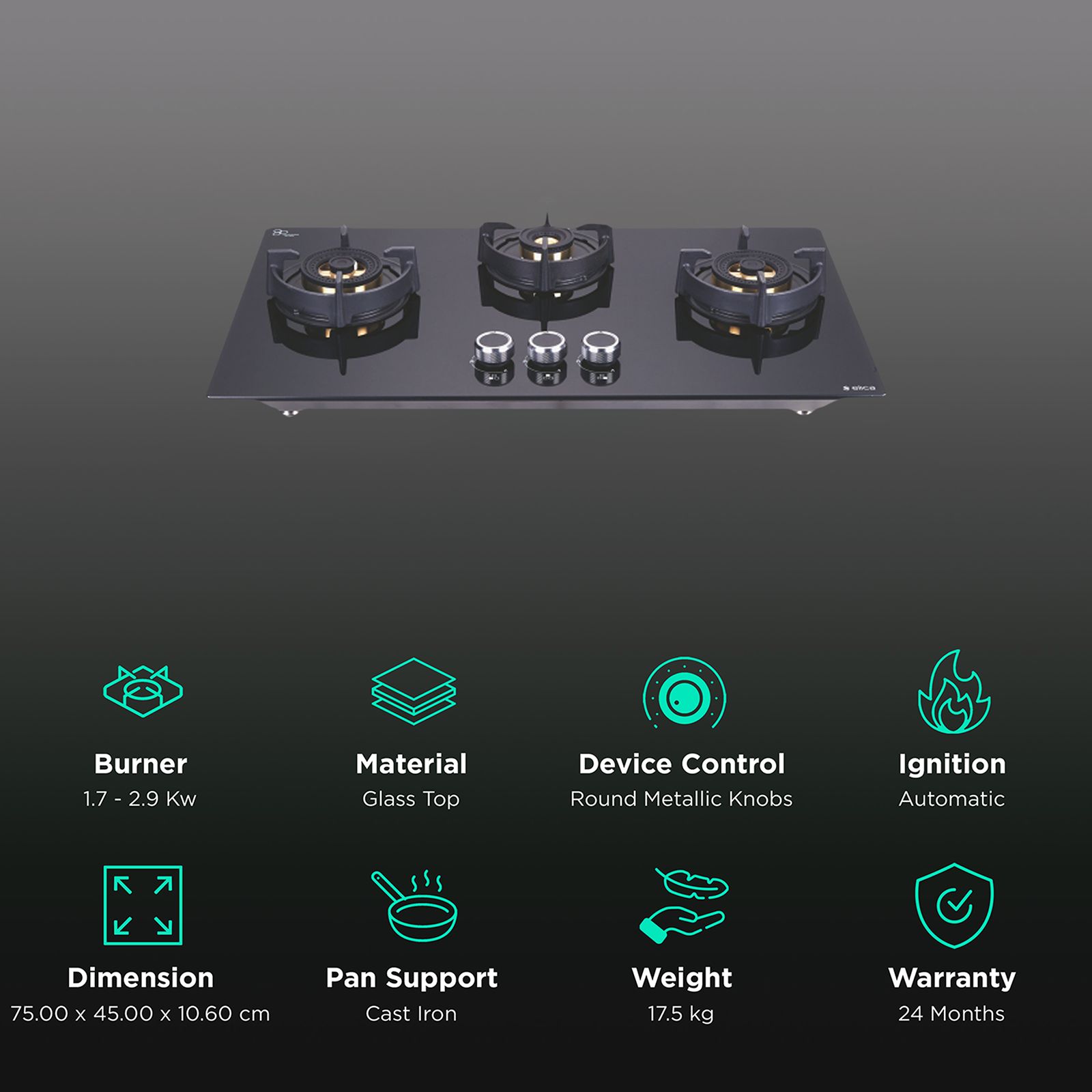 Elica FLEXI DFS FB 3B 75 DX Glass Top 3 Burner Automatic Hob (Round Enamelled Grid, Black) Elica FLEXI DFS FB 3B 75 DX Glass Top 3 Burner Automatic Hob (Round Enamelled Grid, Black)_3