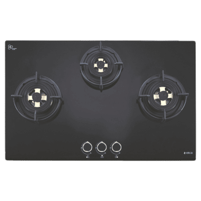 Elica DFS FB MFC 3B 70 DX Glass Top 3 Burner Automatic Hob (Round Enamelled Grid, Black)