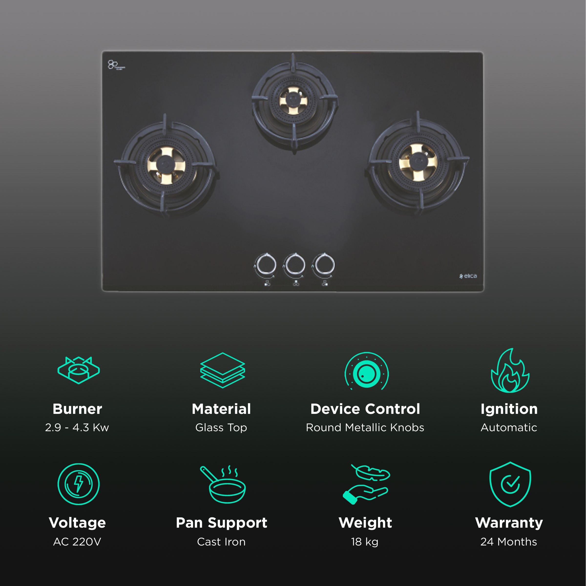 Elica DFS FB MFC 3B 70 DX Glass Top 3 Burner Automatic Hob (Round Enamelled Grid, Black) Elica DFS FB MFC 3B 70 DX Glass Top 3 Burner Automatic Hob (Round Enamelled Grid, Black)_3