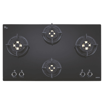 Elica DFS FB MFC 4B 91 DX Glass Top 4 Burner Automatic Hob (Round Enamelled Grid, Black)